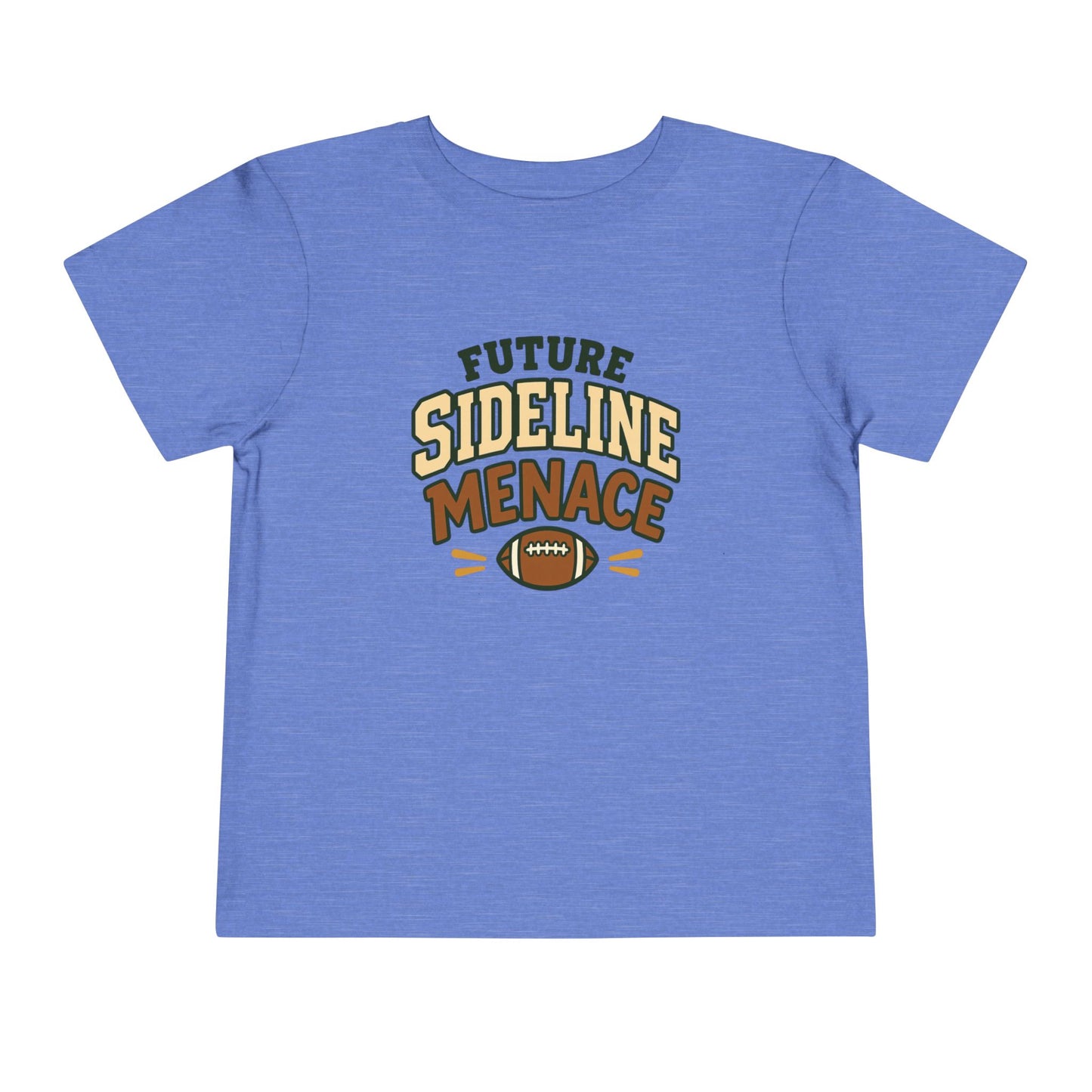 Heather Columbia blue toddler T-shirt featuring a football graphic and the playful phrase “Future Sideline Menace.”