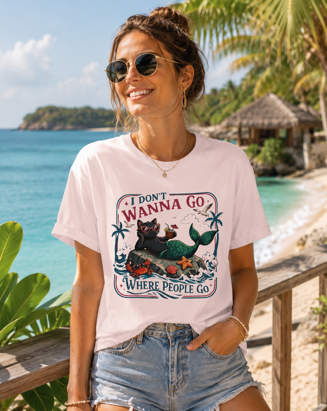 Woman wearing a Bella + Canvas 3001 t-shirt in soft pink featuring a funny introvert-inspired graphic of a black cat mermaid lounging on a rock with the phrase “I Don’t Wanna Go Where People Go” surrounded by tropical beach artwork.