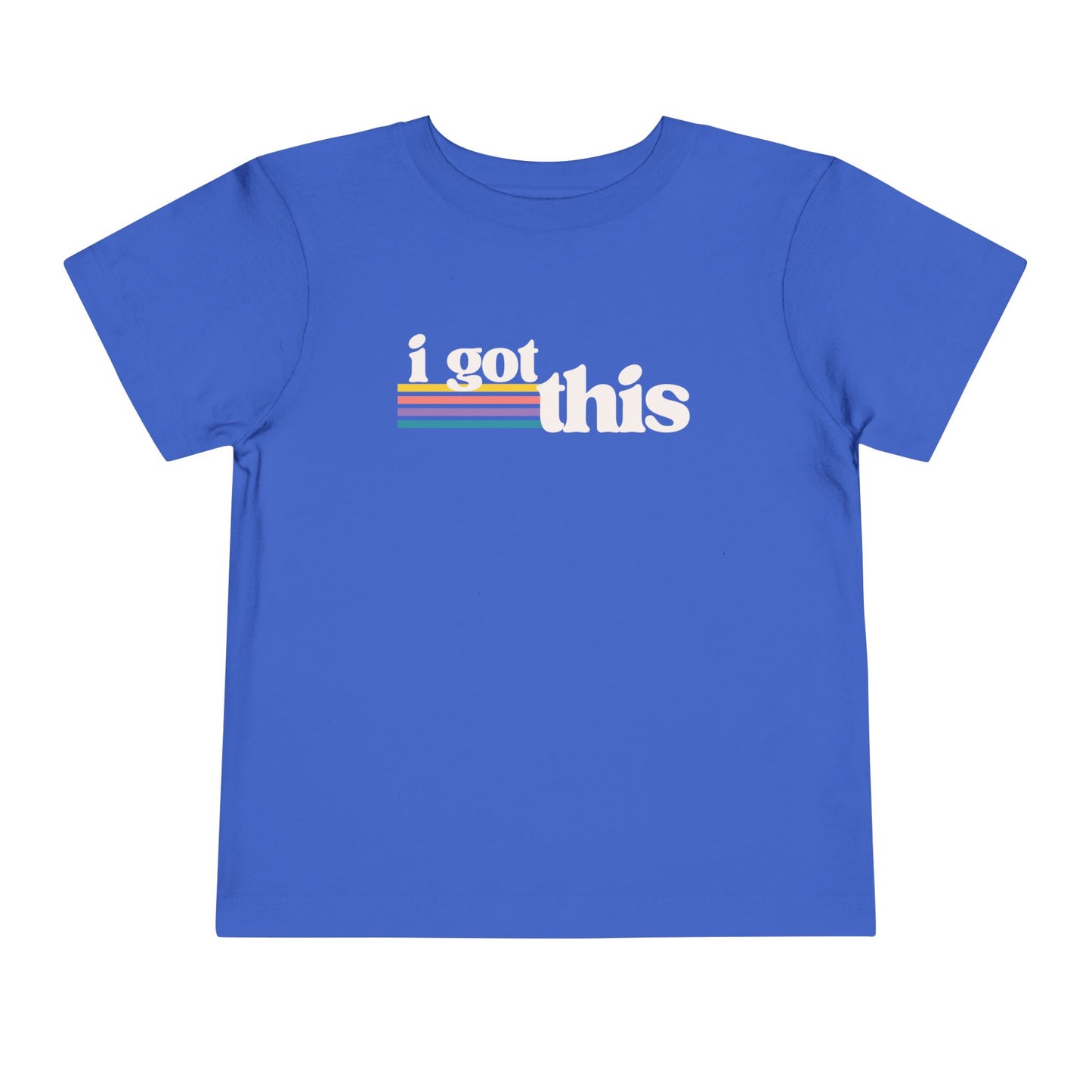 True royal blue toddler T-shirt featuring the motivational phrase “I Got This” with colorful retro stripes.