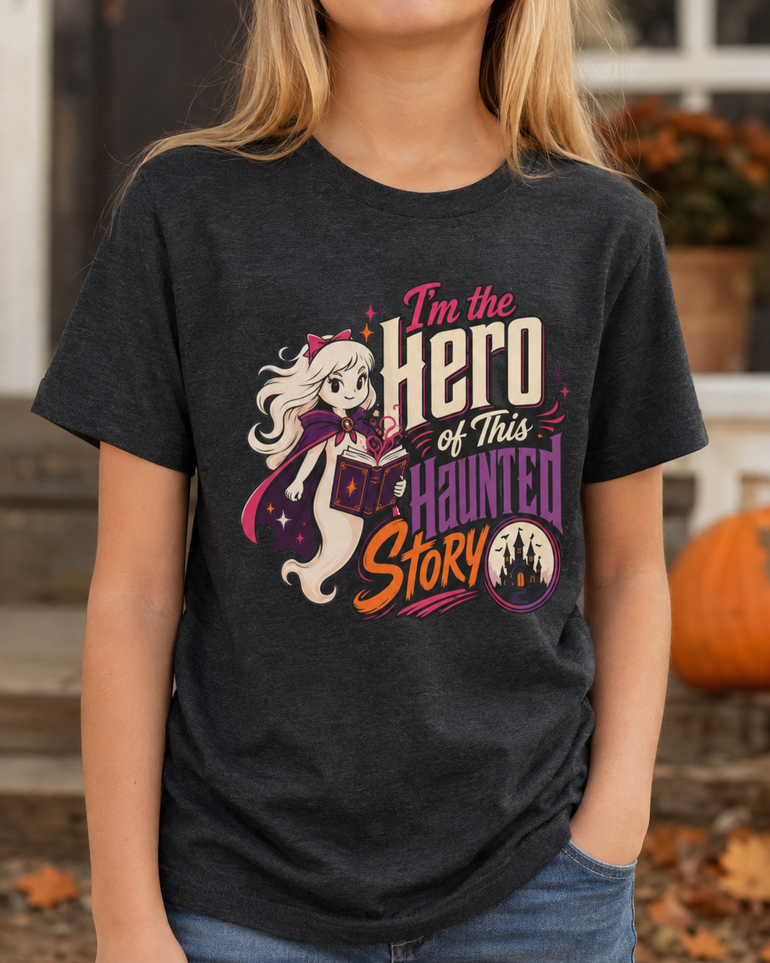Girl wearing a dark grey heather youth T-shirt featuring a caped ghost reading a magical book, a haunted castle, colorful stars, and the phrase “I’m the Hero of This Haunted Story.”