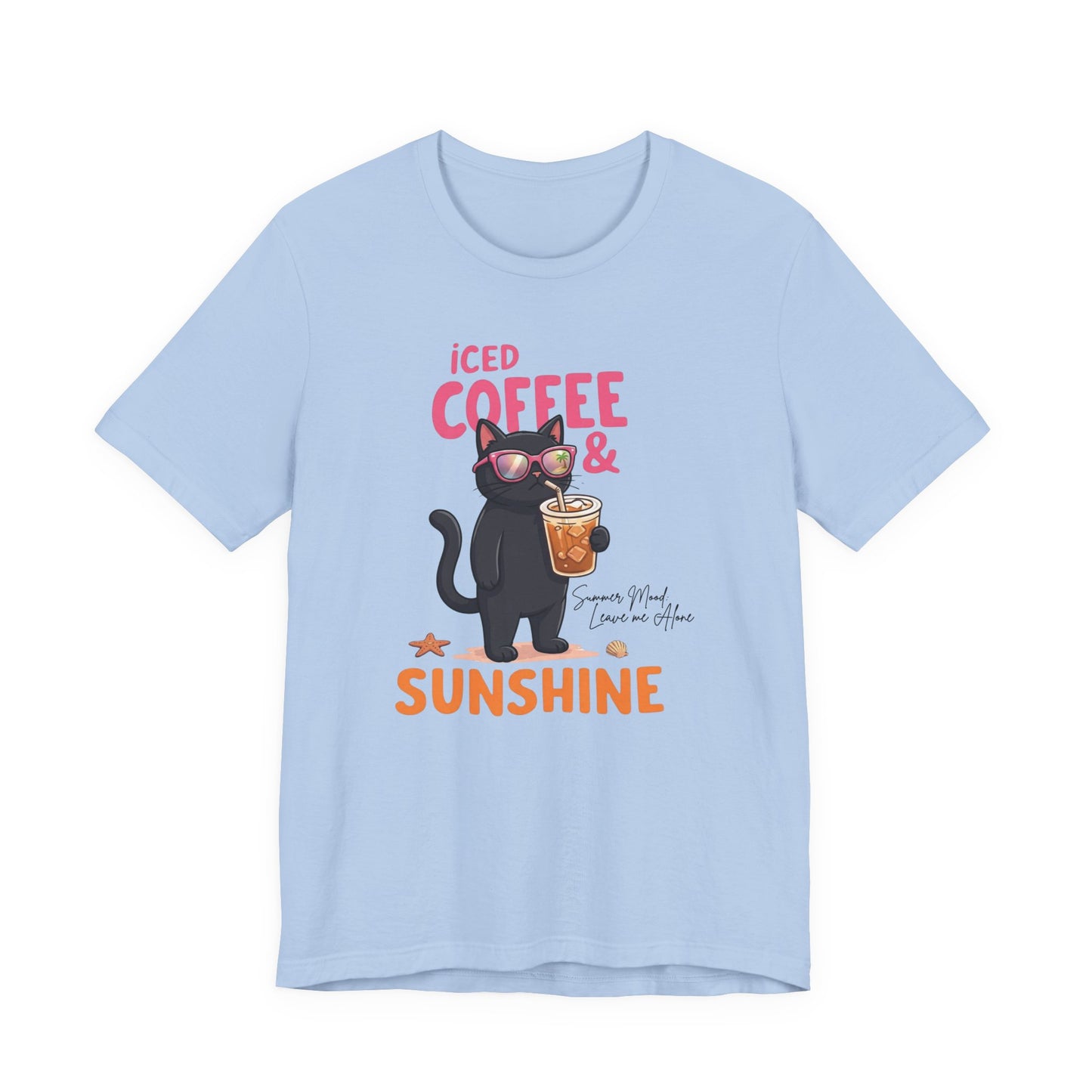 Bella + Canvas 3001 t-shirt in baby blue featuring a black cat wearing sunglasses and holding an iced coffee with the phrase “Iced Coffee & Sunshine” in bright summer-inspired lettering.