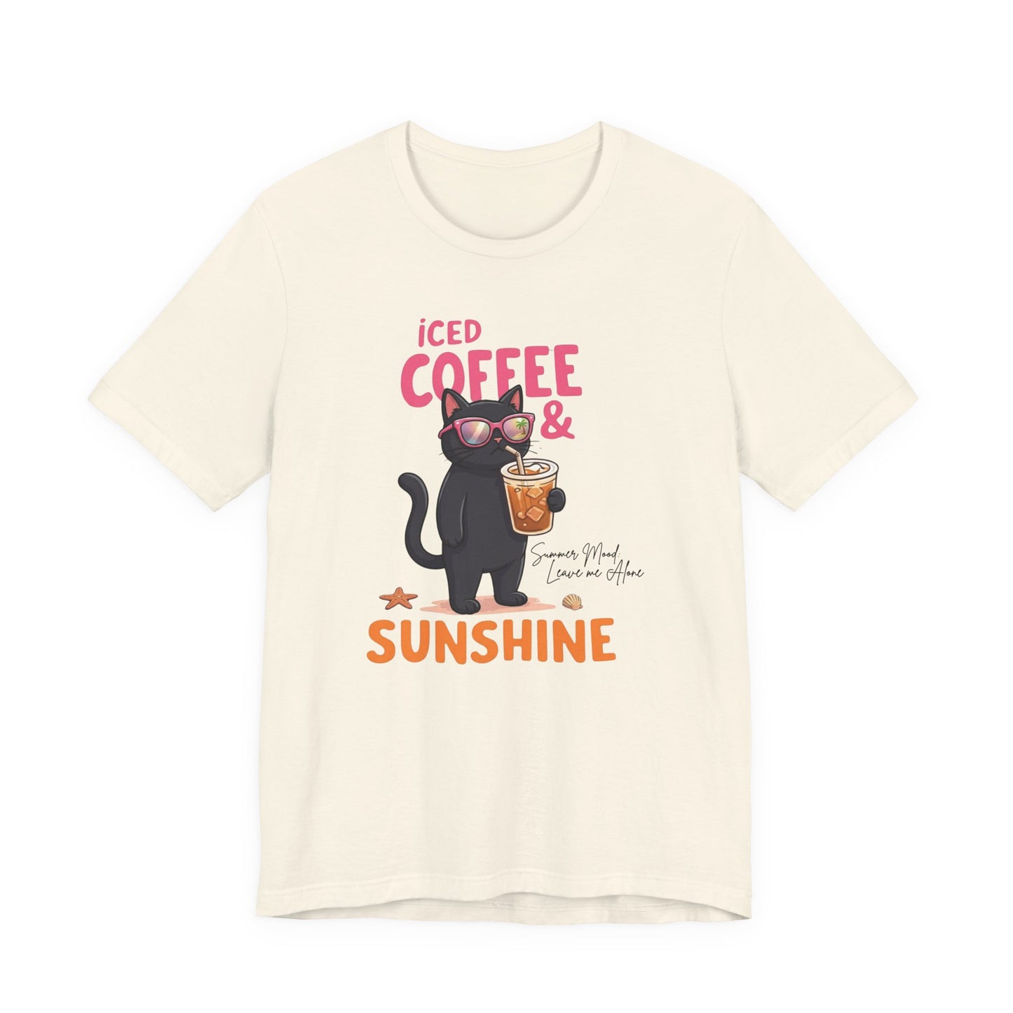 Bella + Canvas 3001 t-shirt in natural featuring a black cat wearing sunglasses and holding an iced coffee with the phrase “Iced Coffee & Sunshine” in bright summer colors.