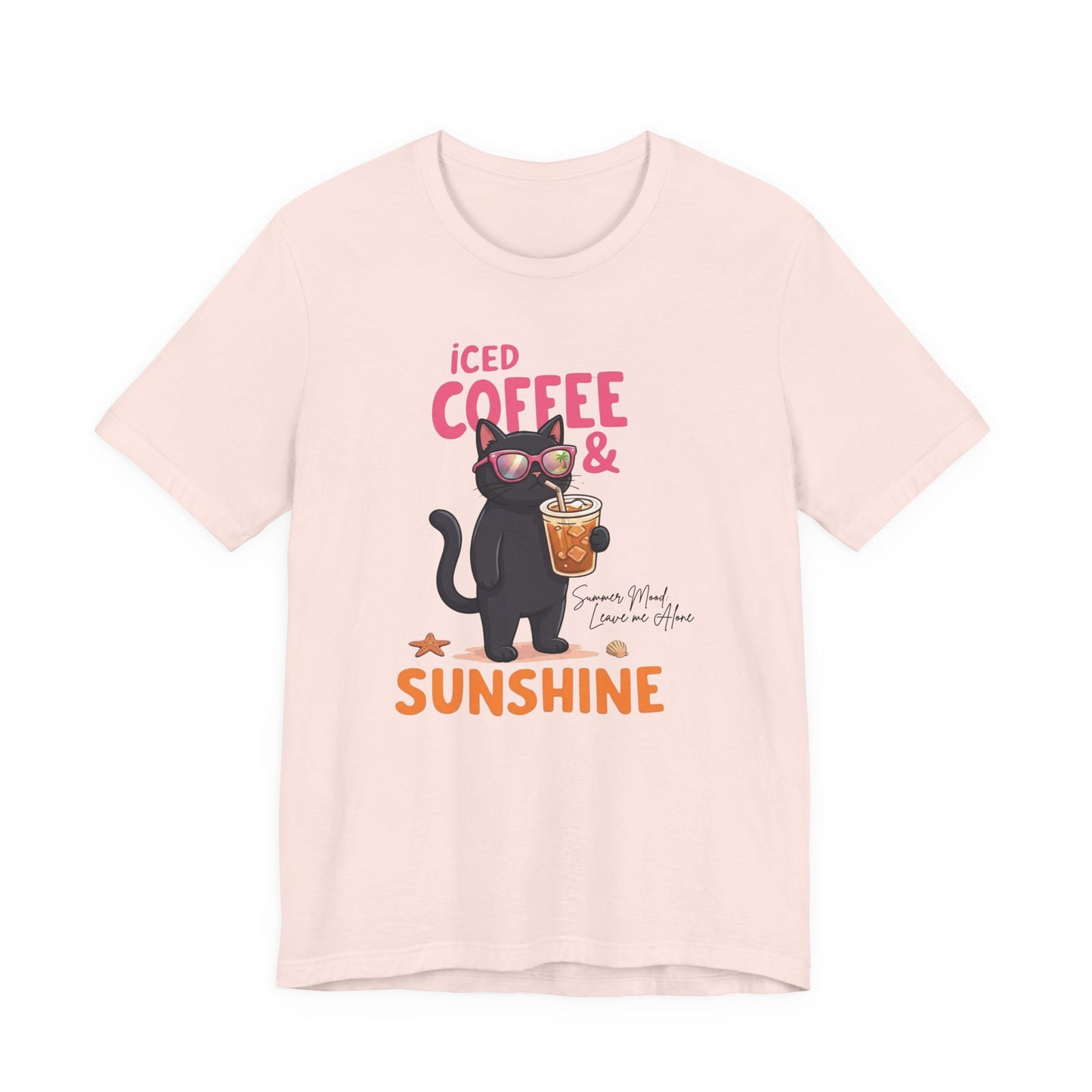 Bella + Canvas 3001 t-shirt in soft pink featuring a black cat wearing sunglasses and holding an iced coffee with the phrase “Iced Coffee & Sunshine” in playful summer-style lettering.
