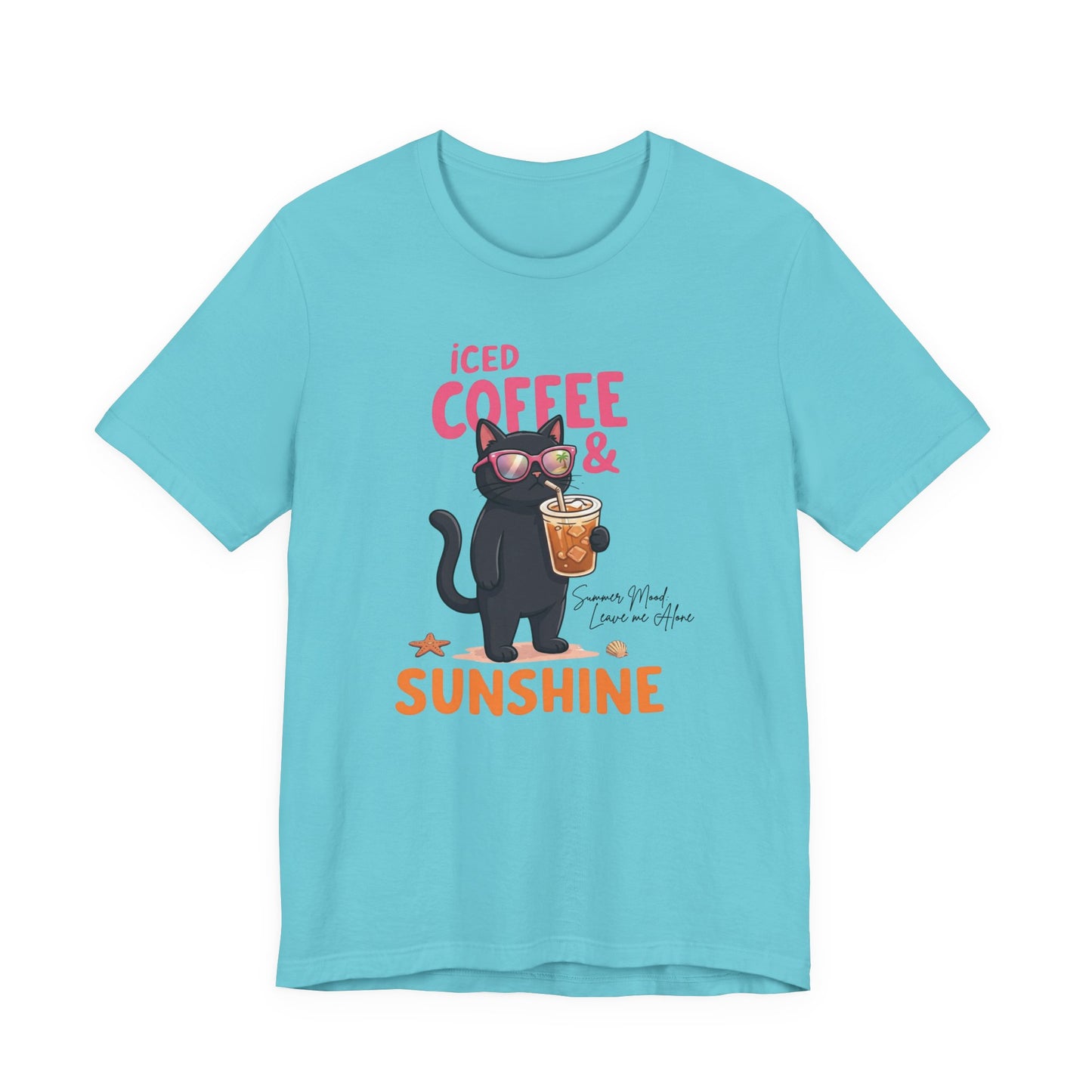 Bella + Canvas 3001 t-shirt in turquoise featuring a black cat wearing sunglasses and holding an iced coffee with the phrase “Iced Coffee & Sunshine” in colorful summer-themed lettering.