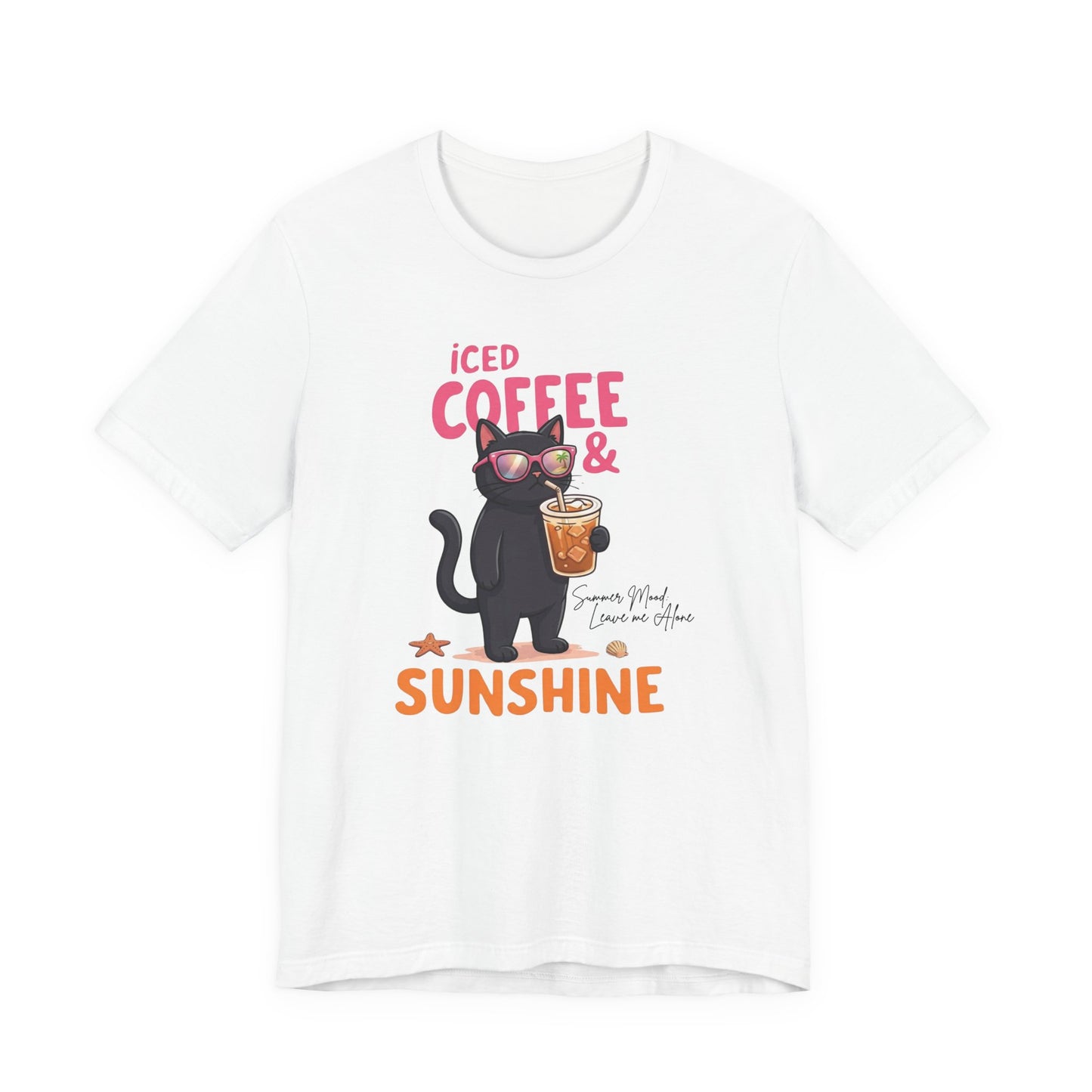 Bella + Canvas 3001 t-shirt in white featuring a black cat in sunglasses holding an iced coffee with the phrase “Iced Coffee & Sunshine” in colorful summer-inspired lettering.
