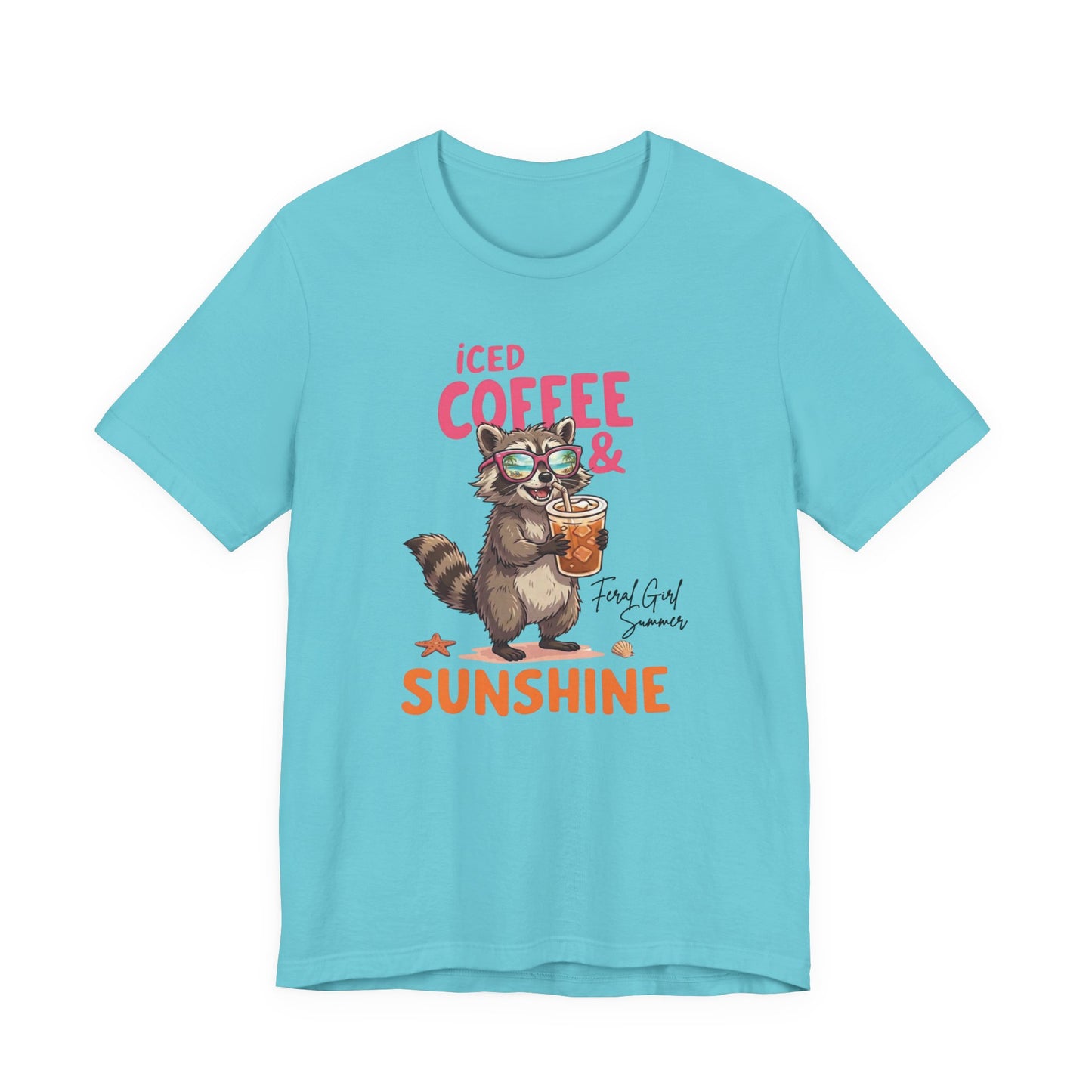 Bella + Canvas 3001 t-shirt in turquoise featuring a raccoon wearing sunglasses and holding an iced coffee with the phrase “Iced Coffee & Sunshine” in colorful summer-inspired lettering.