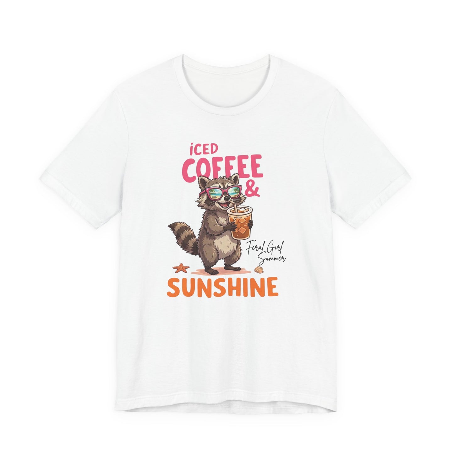 Bella + Canvas 3001 t-shirt in white featuring a raccoon wearing sunglasses and holding an iced coffee with the phrase “Iced Coffee & Sunshine” in colorful summer-inspired lettering.