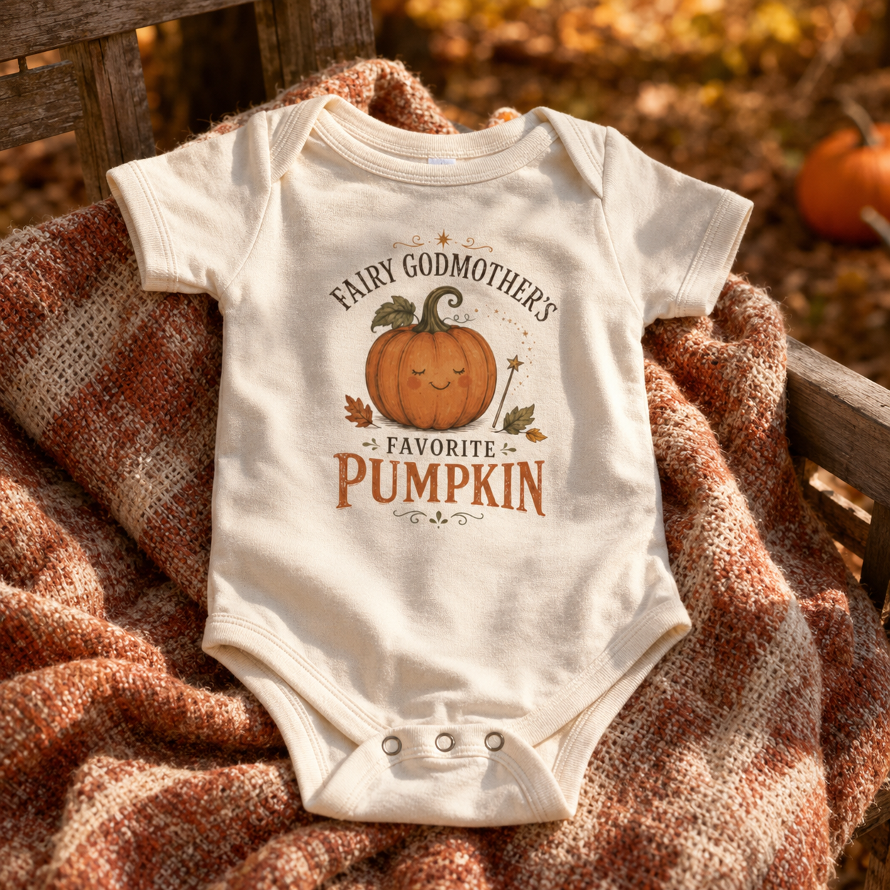 Natural Bella + Canvas 100B infant one piece featuring a smiling pumpkin with a fairy wand and the phrase "Fairy Godmother's Favorite Pumpkin." Cute fall and Halloween baby bodysuit perfect for newborns and infants, baby showers, pumpkin patch visits, first Halloween, and autumn family photos.