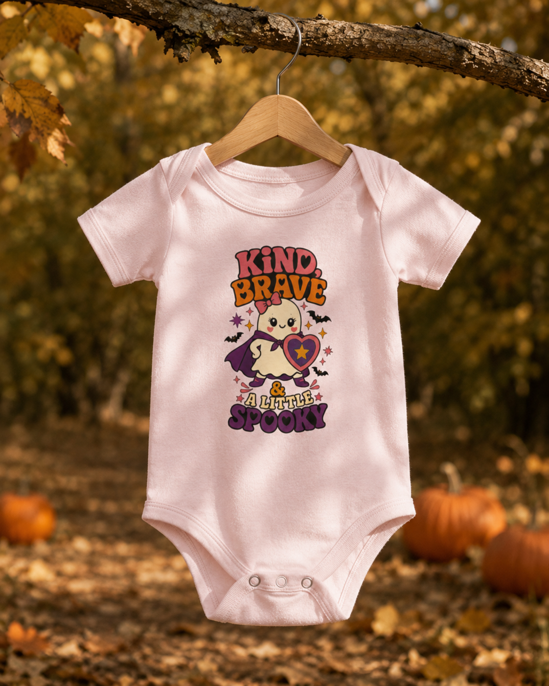 Pink baby one piece featuring a caped ghost holding a heart shield, colorful stars, bats, and the phrase “Kind, Brave & a Little Spooky.”