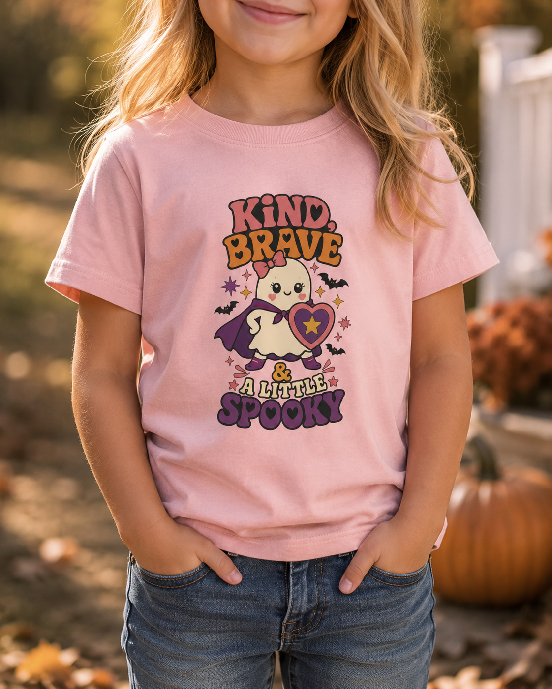 Girl wearing a pink toddler T-shirt featuring a caped ghost holding a heart shield, colorful stars, bats, and the phrase “Kind, Brave & a Little Spooky.”