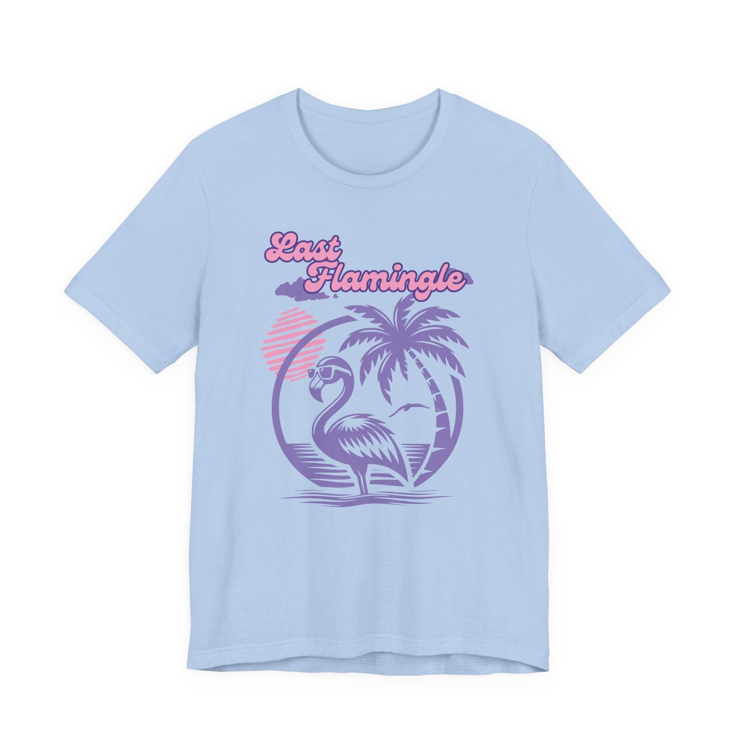 Bella + Canvas 3001 t-shirt in baby blue featuring a retro tropical bachelorette design with a flamingo wearing sunglasses, palm tree artwork, sunset accents, and “Last Flamingle” wording in pink and purple lettering for a beach bachelorette party.