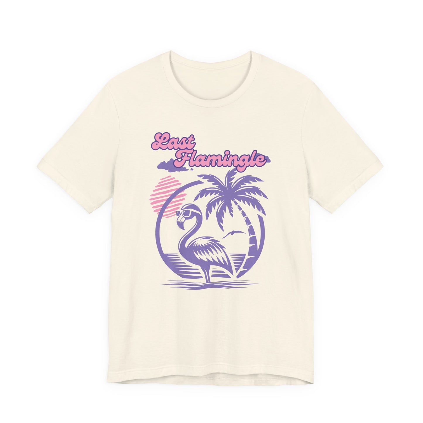 Bella + Canvas 3001 t-shirt in natural featuring a retro tropical bachelorette design with a flamingo wearing sunglasses, palm tree artwork, sunset accents, and “Last Flamingle” wording in pink and purple lettering.