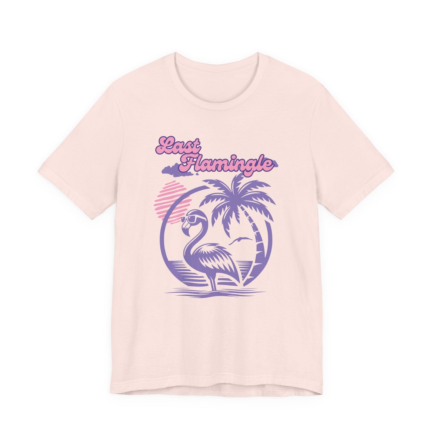 Bella + Canvas 3001 t-shirt in soft pink featuring a retro tropical bachelorette design with a flamingo wearing sunglasses, palm tree artwork, sunset accents, and “Last Flamingle” wording in pink and purple lettering.