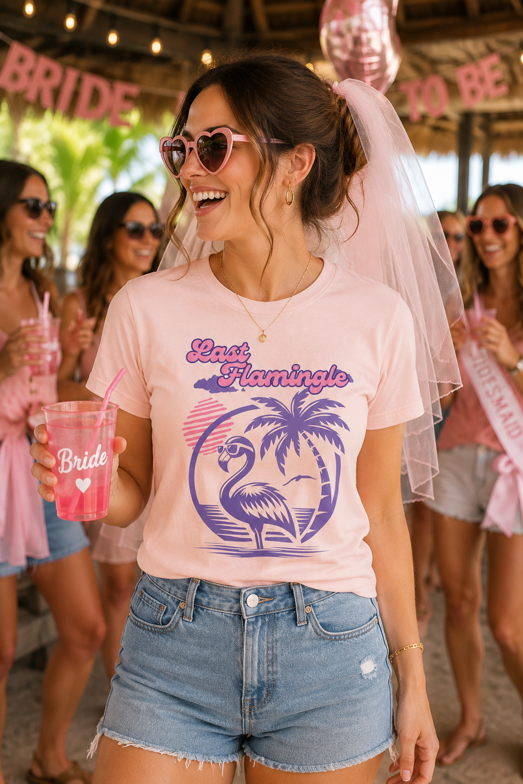 Woman wearing a Bella + Canvas 3001 t-shirt in soft pink featuring a retro flamingo bachelorette design with palm trees, sunset artwork, and “Last Flamingle” wording in pink and purple lettering during a tropical bachelorette party celebration.
