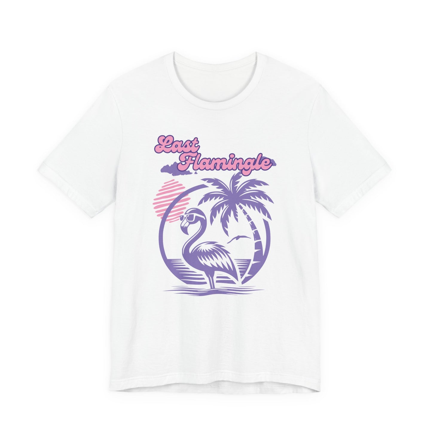 Bella + Canvas 3001 t-shirt in white featuring a retro tropical bachelorette design with a flamingo wearing sunglasses, palm tree artwork, sunset accents, and “Last Flamingle” wording in pink and purple lettering for a fun bridal beach getaway.
