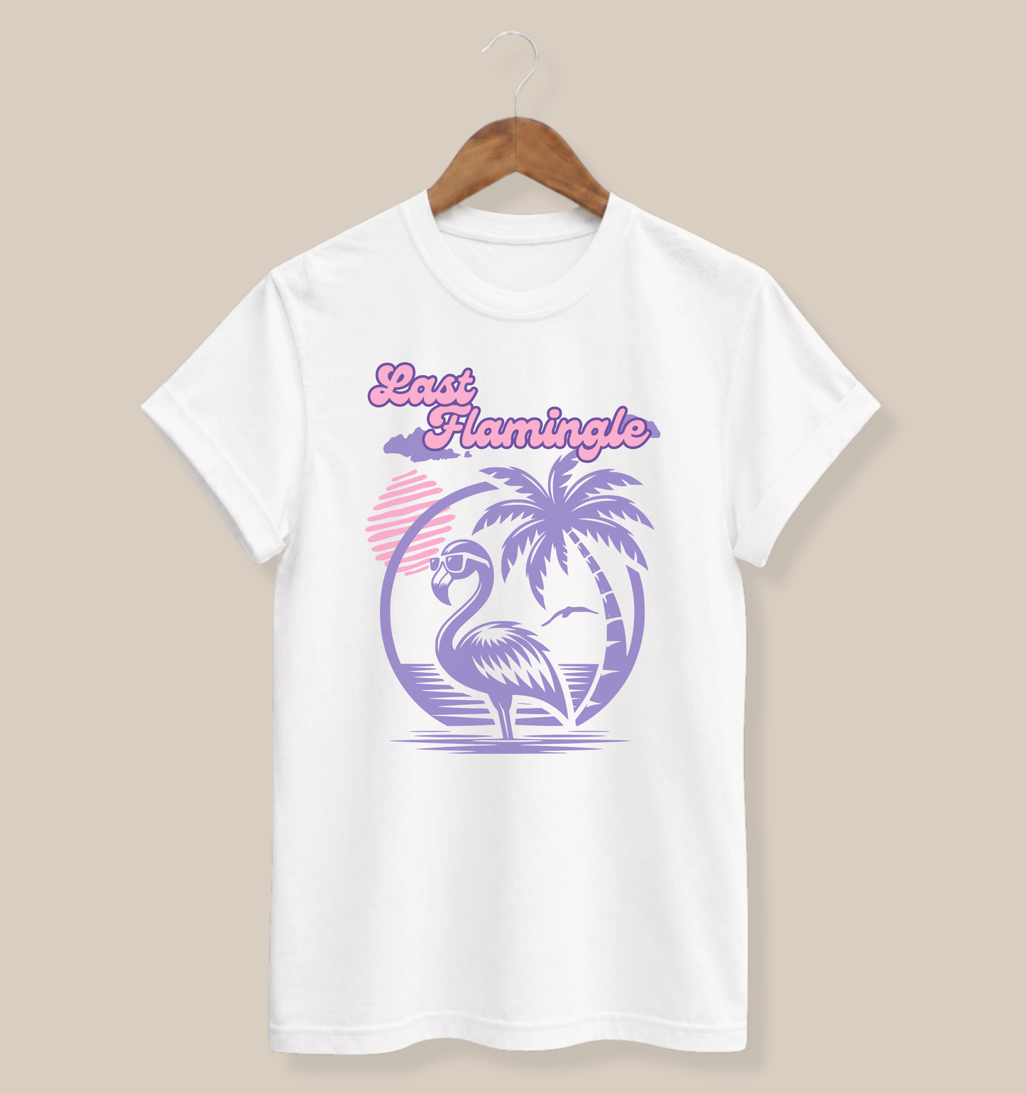 Bella + Canvas 3001 t-shirt in white featuring a retro tropical bachelorette design with a flamingo wearing sunglasses, palm tree artwork, sunset accents, and “Last Flamingle” wording in pink and purple lettering for a beach bachelorette party.