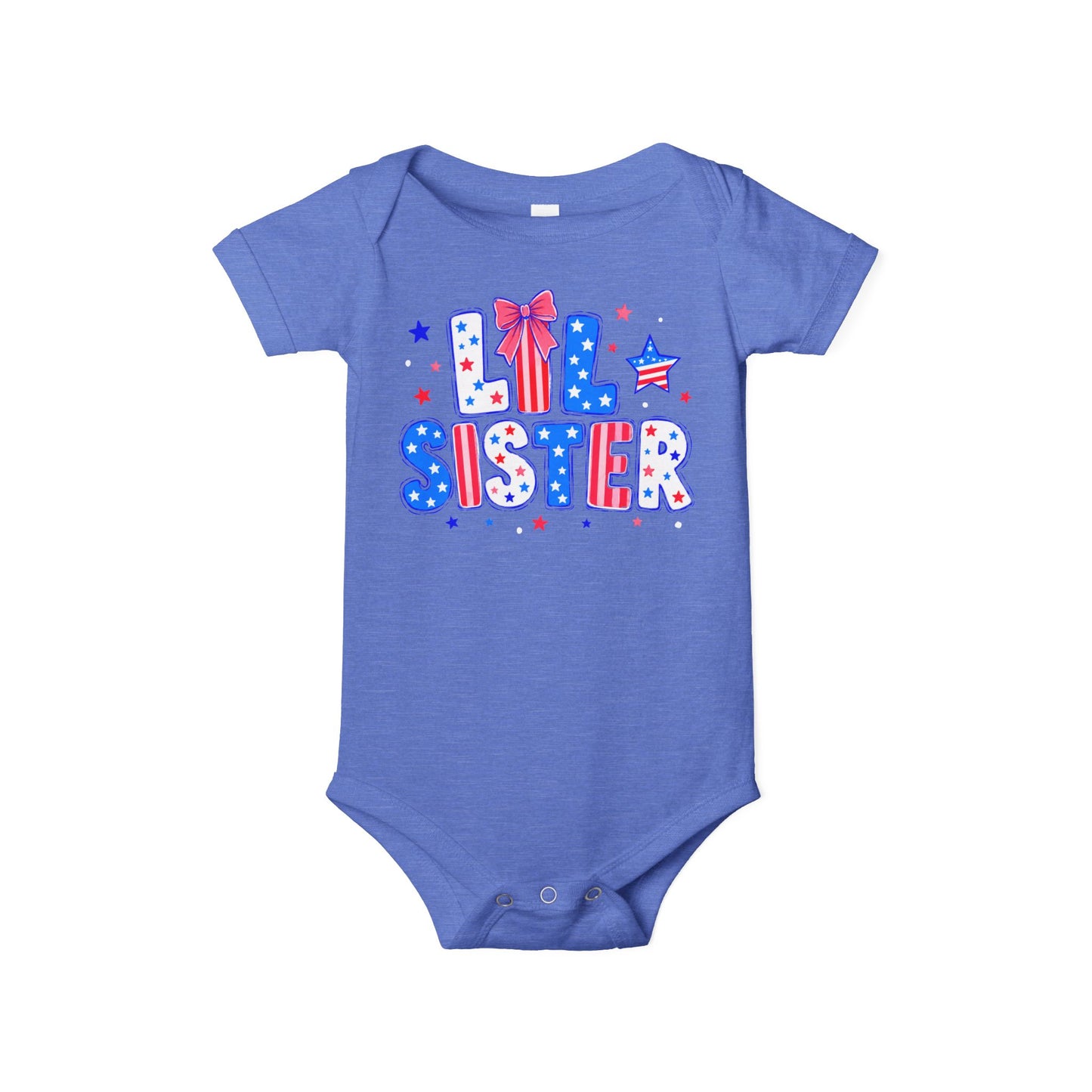 Baby blue Bella + Canvas 100B infant bodysuit featuring a patriotic “Lil Sister” graphic in red, white, and blue with stars, striped lettering, and bow detail for Fourth of July sibling matching outfits.