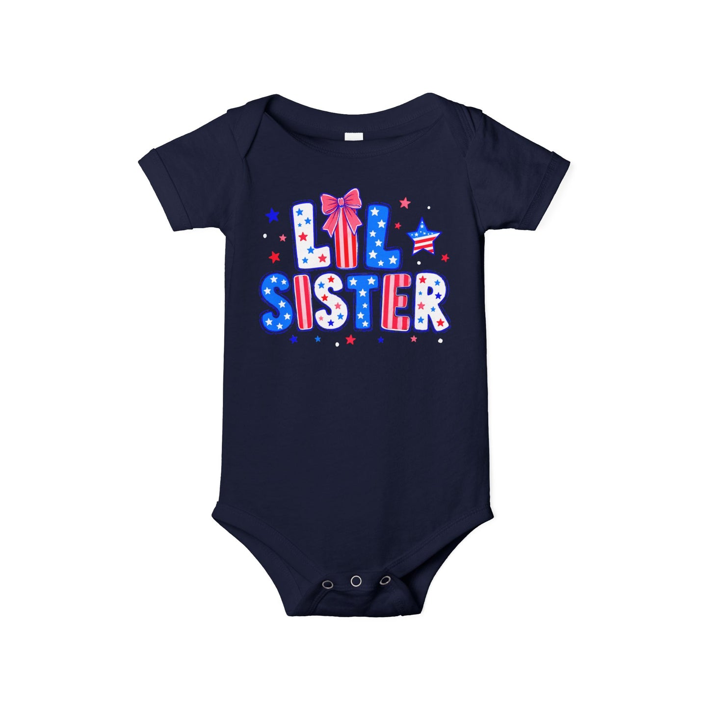 Navy Bella + Canvas 100B infant bodysuit featuring a patriotic “Lil Sister” graphic in red, white, and blue with stars, striped lettering, and bow detail for Fourth of July sibling matching outfits.