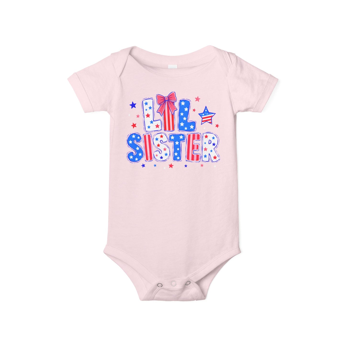 Light pink Bella + Canvas 100B infant bodysuit featuring a patriotic “Lil Sister” graphic in red, white, and blue with stars, striped lettering, and bow detail for Fourth of July sibling matching outfits.