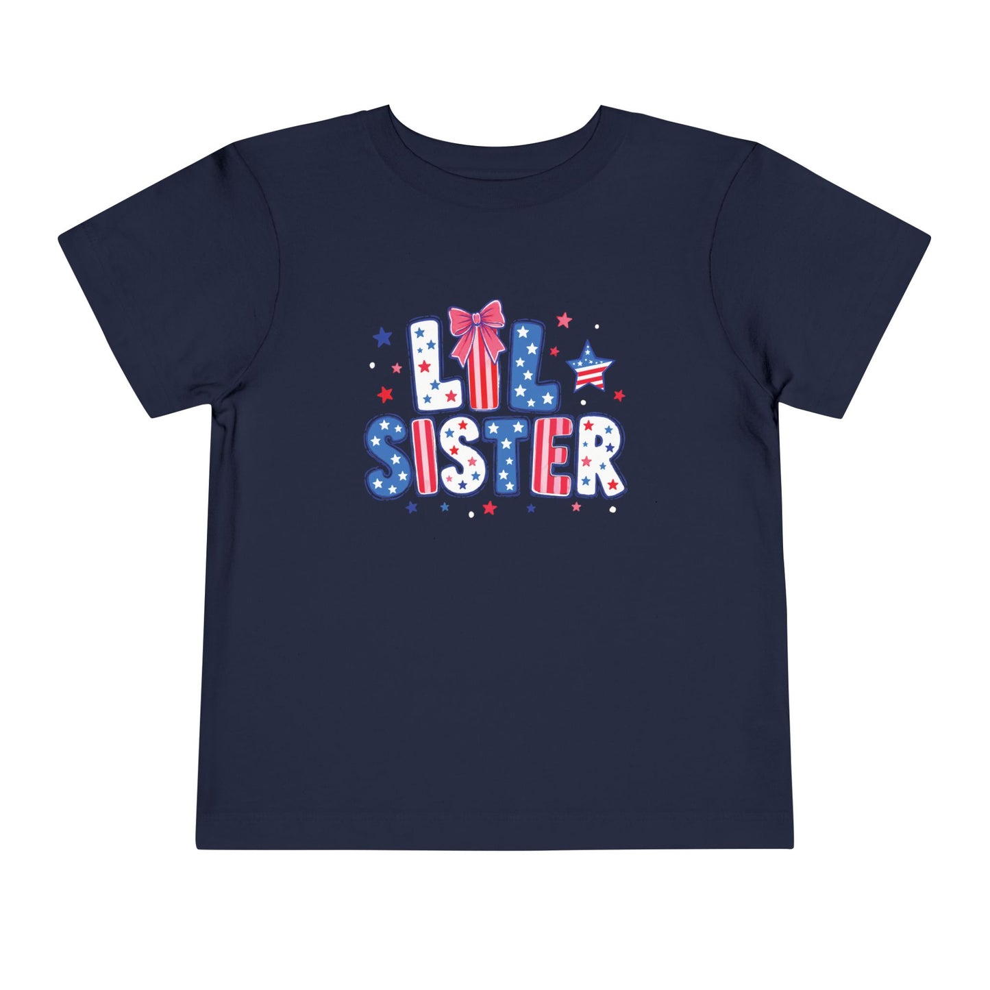 Navy Bella + Canvas toddler tee featuring a patriotic “Lil Sister” graphic in red, white, and blue with stars, striped lettering, and bow detail for Fourth of July sibling matching outfits.