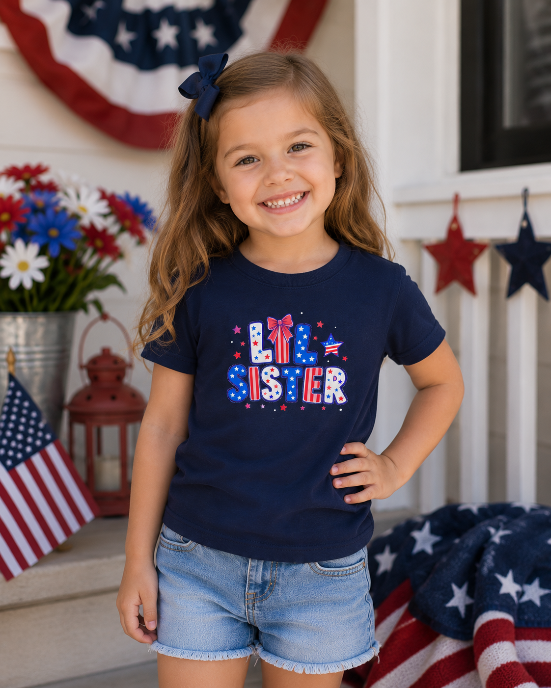 Navy Bella + Canvas toddler and youth tee featuring a patriotic “Lil Sister” graphic in red, white, and blue with stars, striped lettering, and bow detail, modeled for Fourth of July sibling matching outfits.