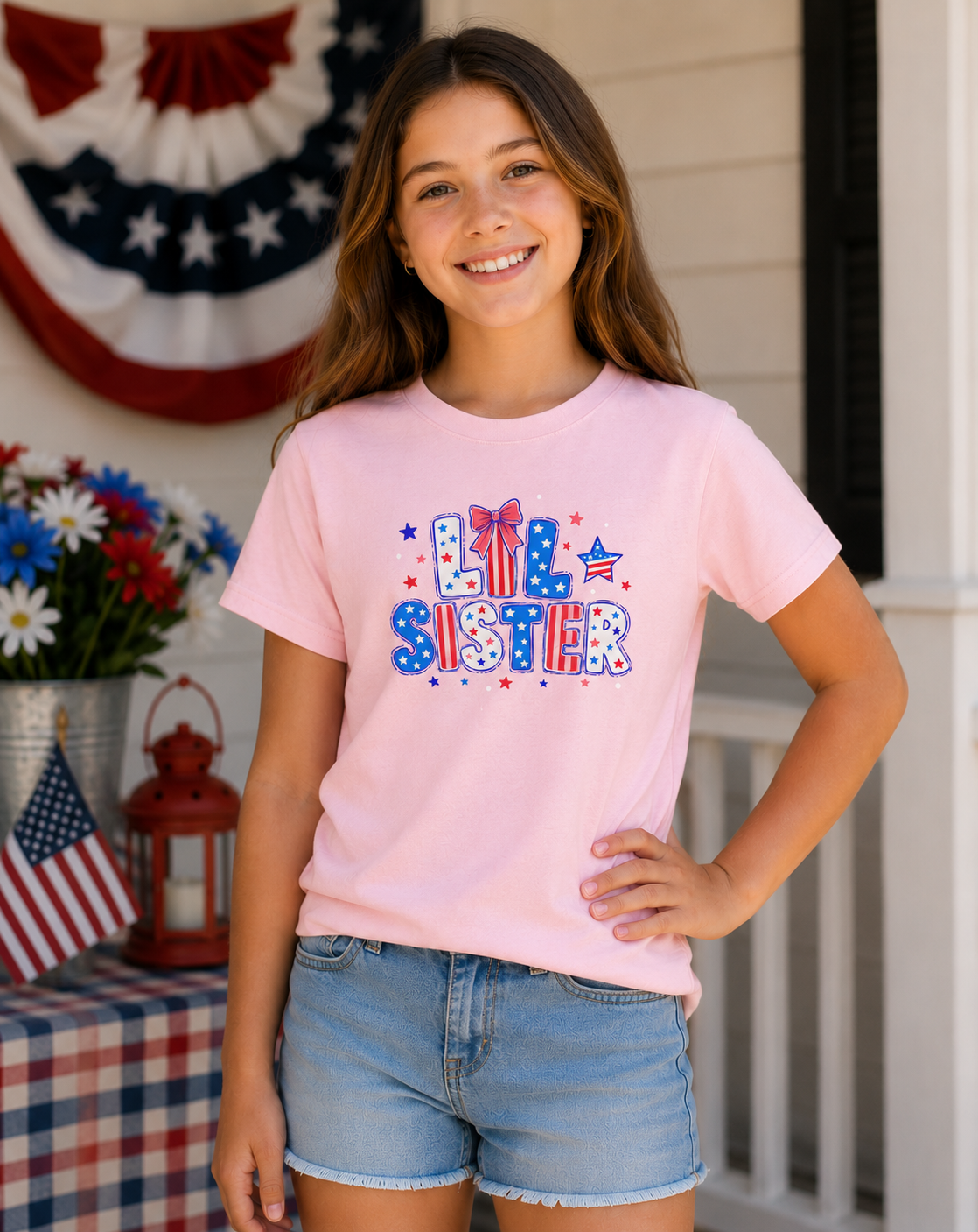 Soft pink Bella + Canvas youth tee featuring a patriotic “Lil Sister” graphic in red, white, and blue with stars, striped lettering, and bow detail, modeled for Fourth of July sibling matching outfits.