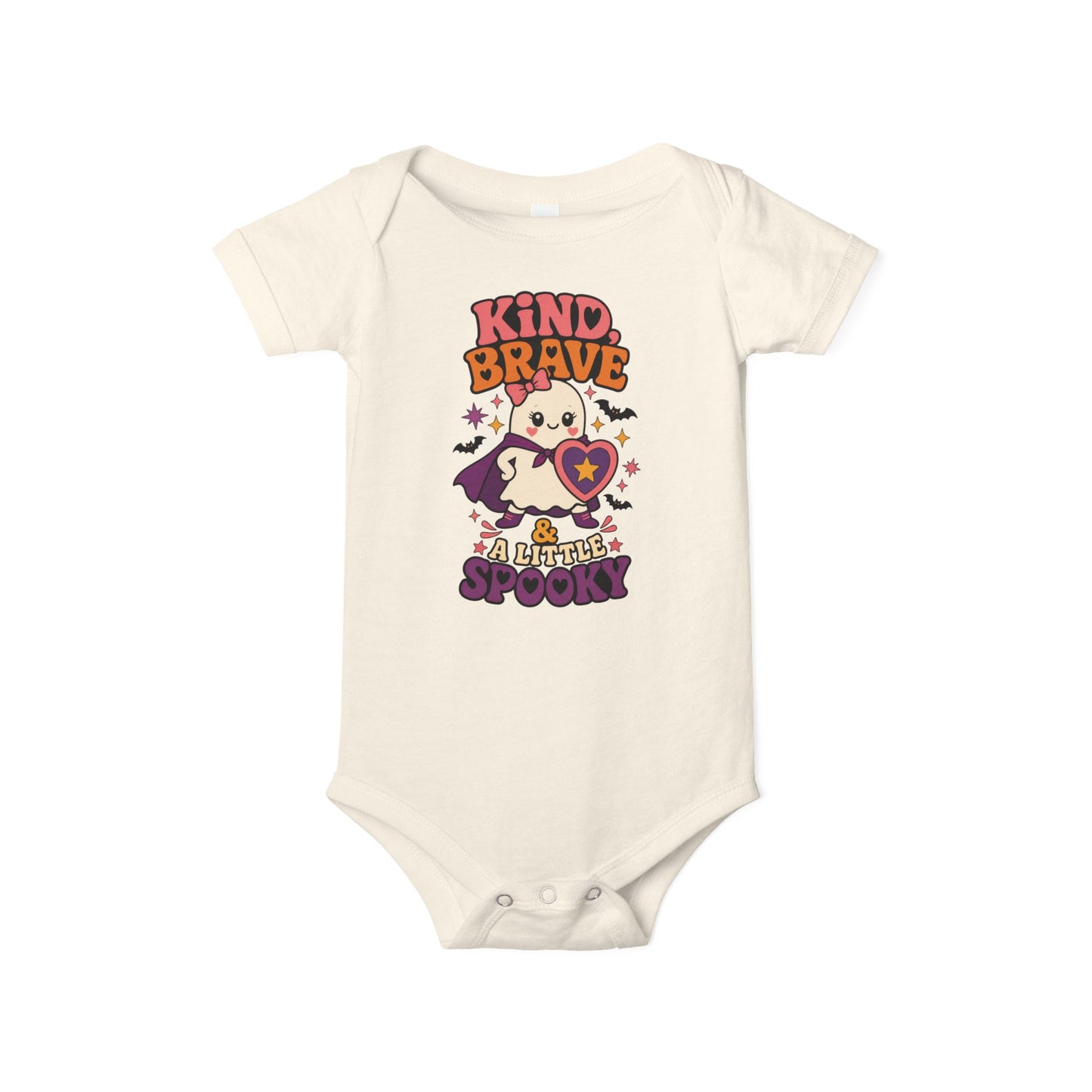 Natural baby one piece featuring a brave ghost in a purple cape with a heart shield, bats, stars, and empowering Halloween lettering.