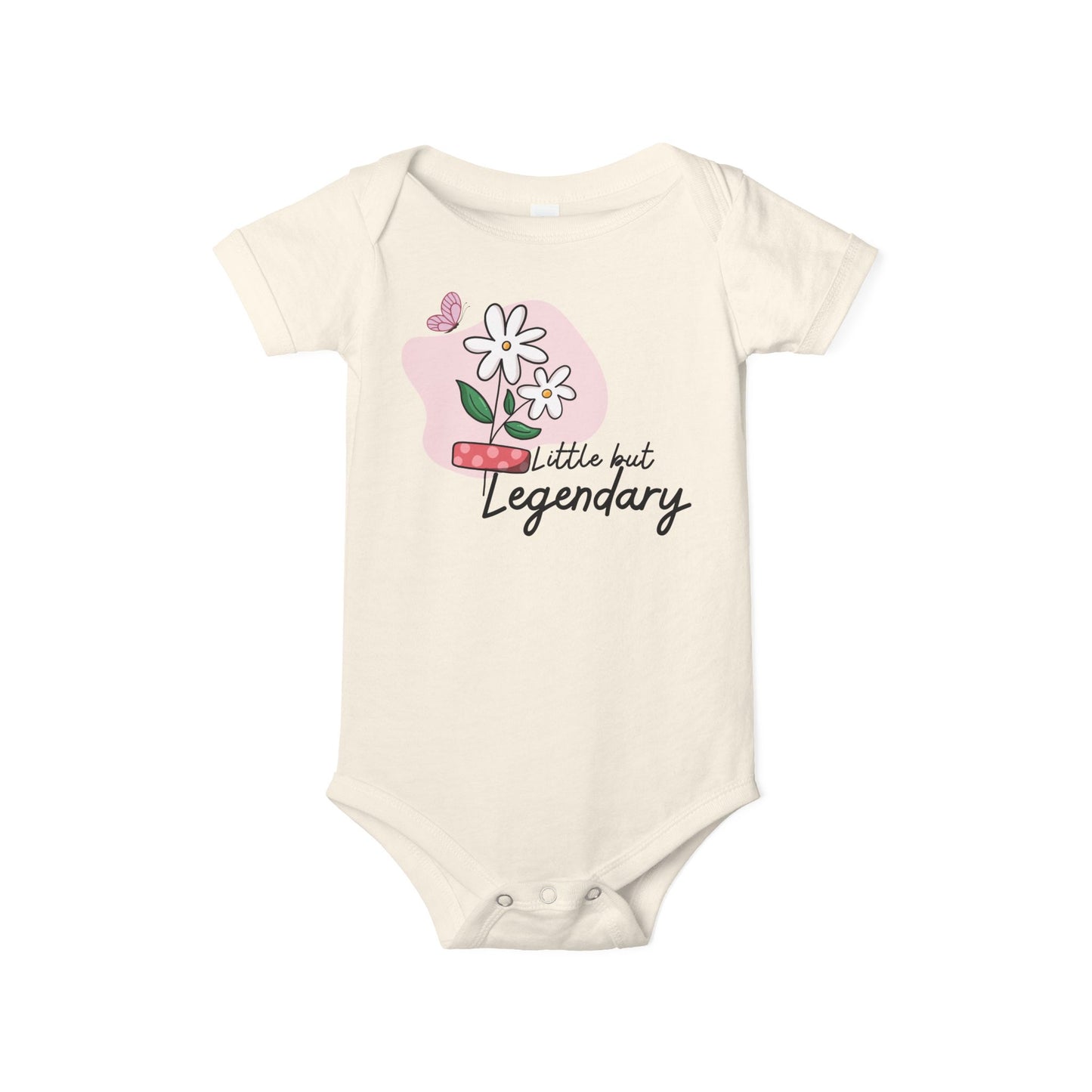 Natural baby one piece featuring white daisies, a pink butterfly, and the empowering phrase “Little but Legendary.”