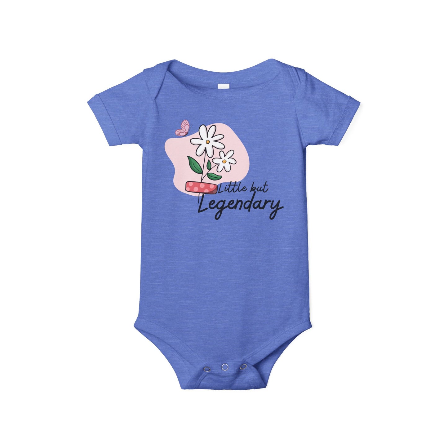 True royal blue color baby one piece featuring white daisies, a pink butterfly, and the empowering phrase “Little but Legendary.”
