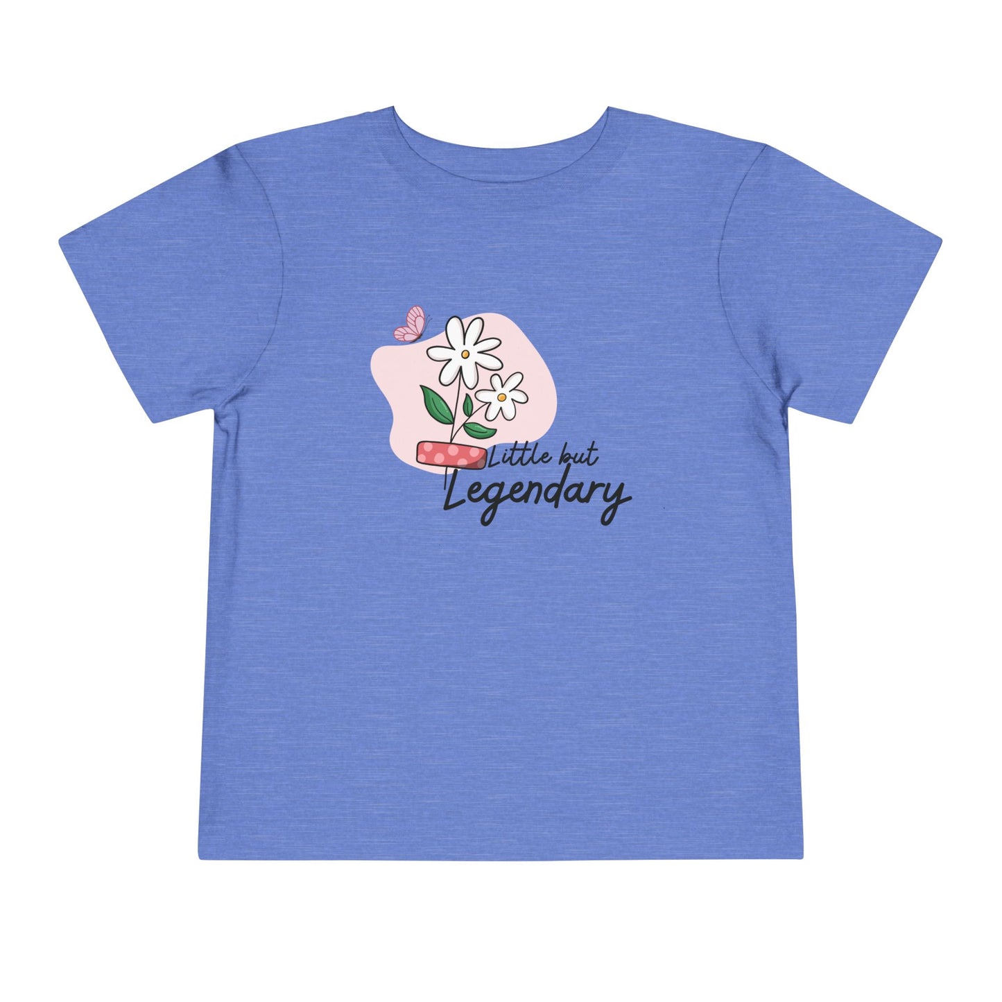 Heather Columbia blue toddler T-shirt featuring daisies, a pink bandage, a butterfly, and the phrase “Little but Legendary.”