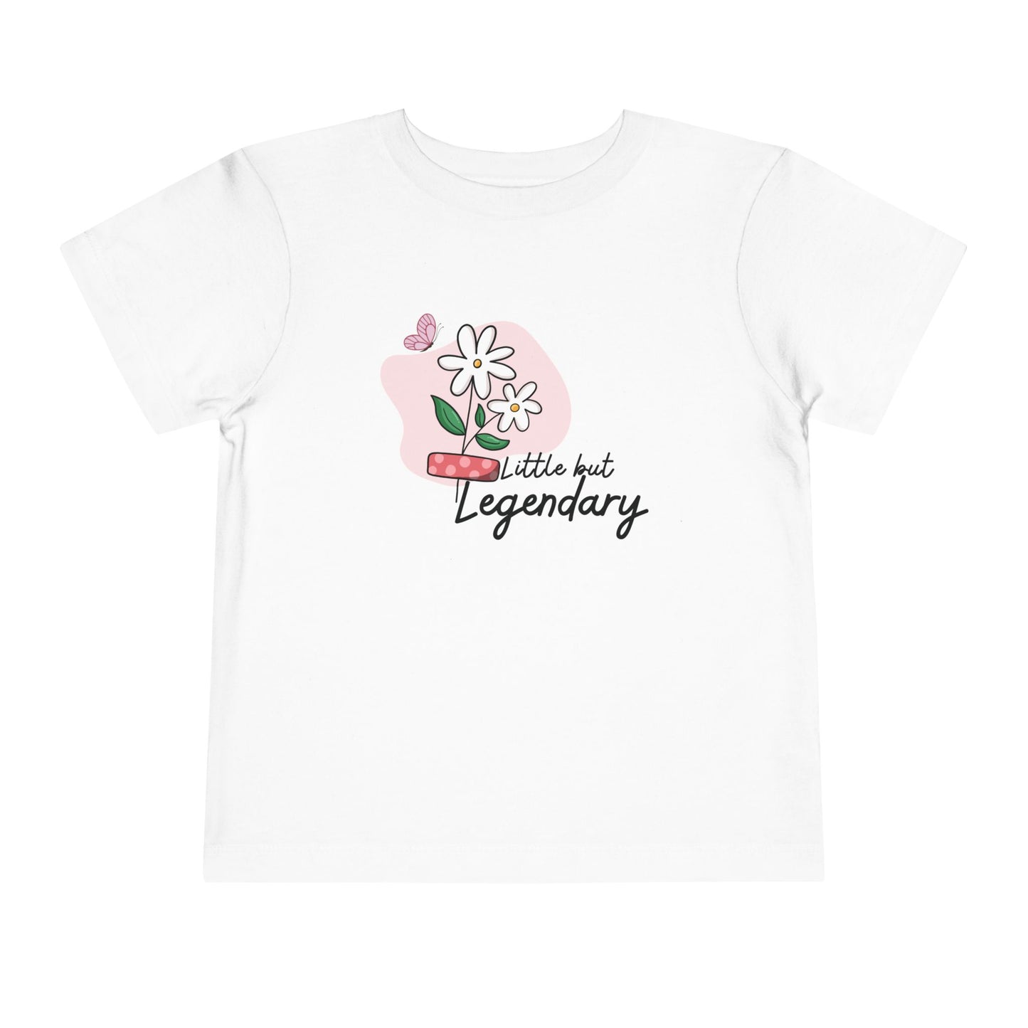 White toddler T-shirt featuring daisies, a pink bandage, a butterfly, and the phrase “Little but Legendary.”