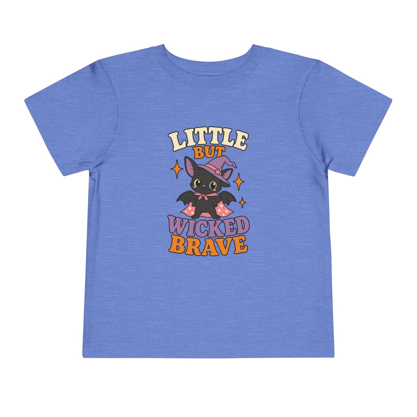 Heather Columbia blue color toddler T-shirt featuring a cute bat dressed as a witch, colorful stars, and the phrase “Little but Wicked Brave.”
