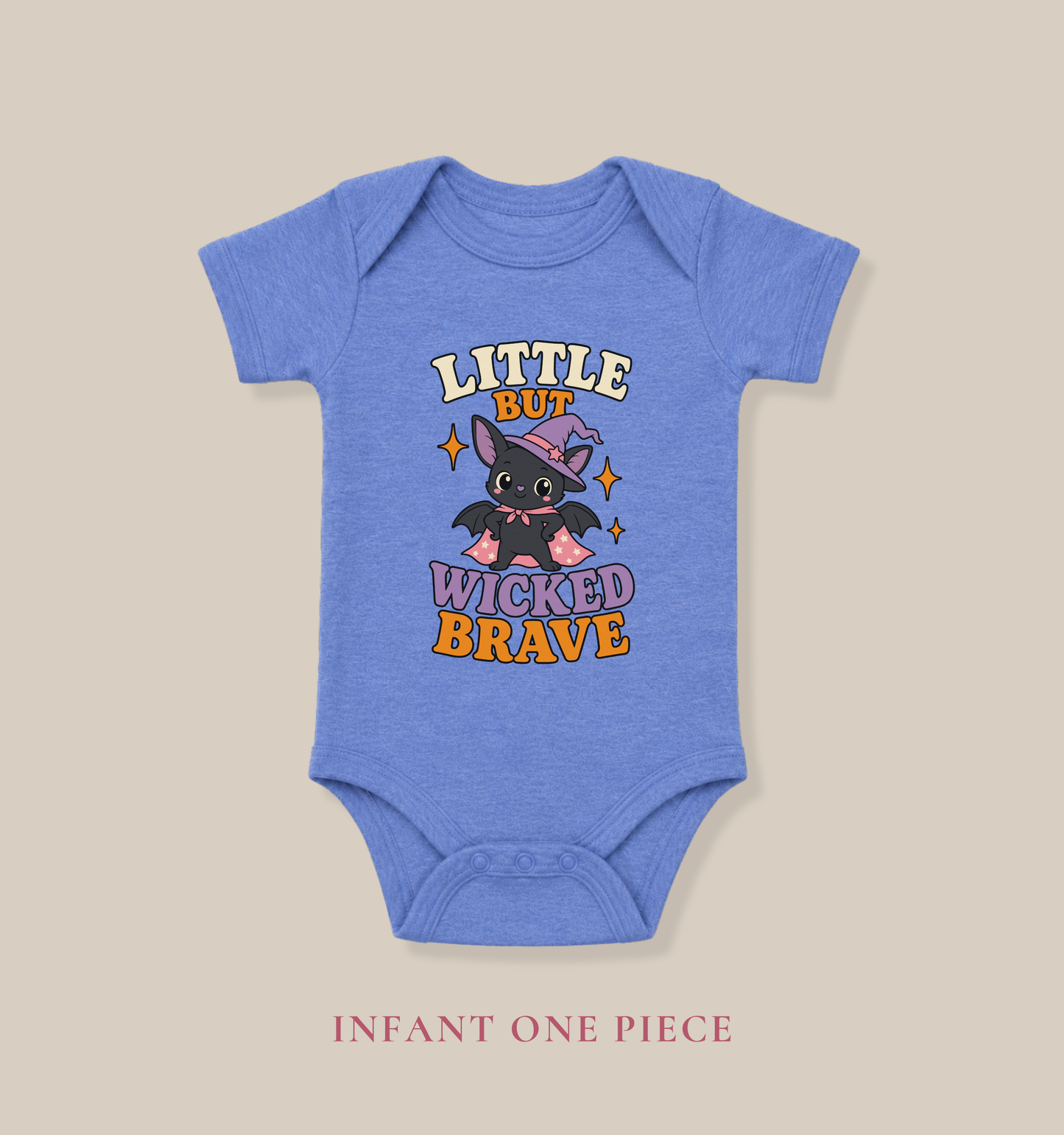Heather Columbia blue baby one piece featuring a cute black bat in a purple witch hat and cape, colorful stars, and the phrase “Little but Wicked Brave.”