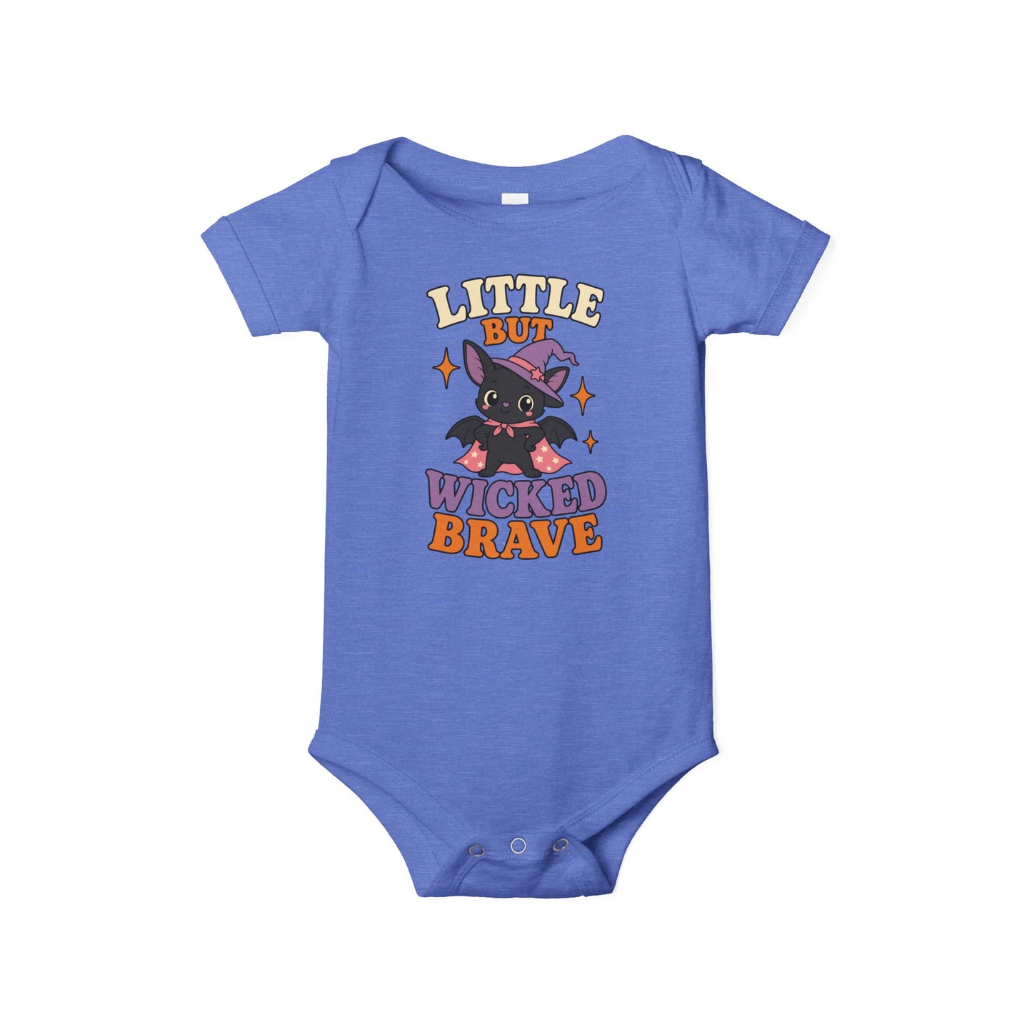 Heather Columbia blue color baby one piece featuring a cute black bat in a purple witch hat and cape, colorful stars, and the phrase “Little but Wicked Brave.”