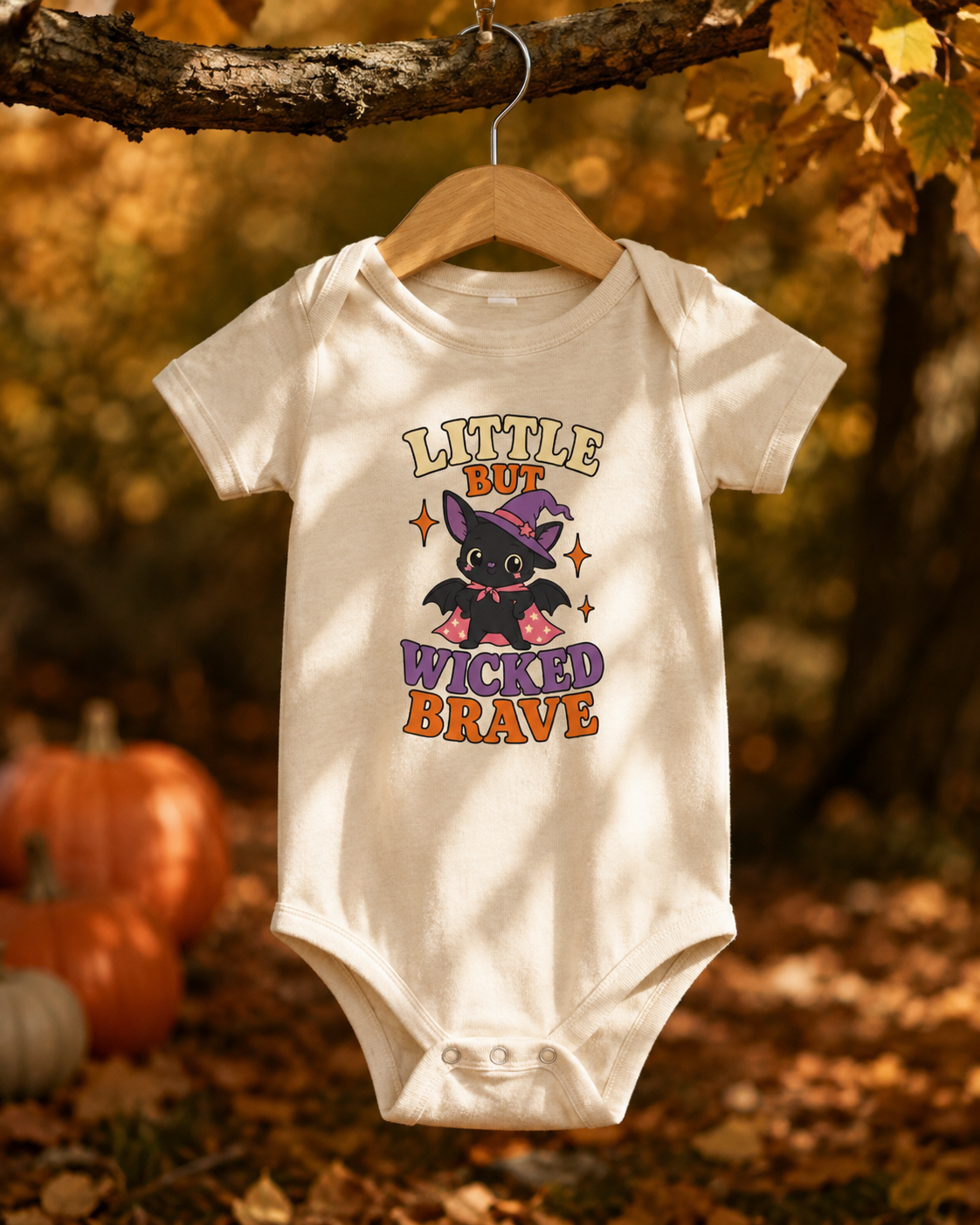 Natural baby one piece featuring a black bat in a purple witch hat and cape, sparkling orange stars, and the phrase “Little but Wicked Brave,” hanging in an autumn setting.