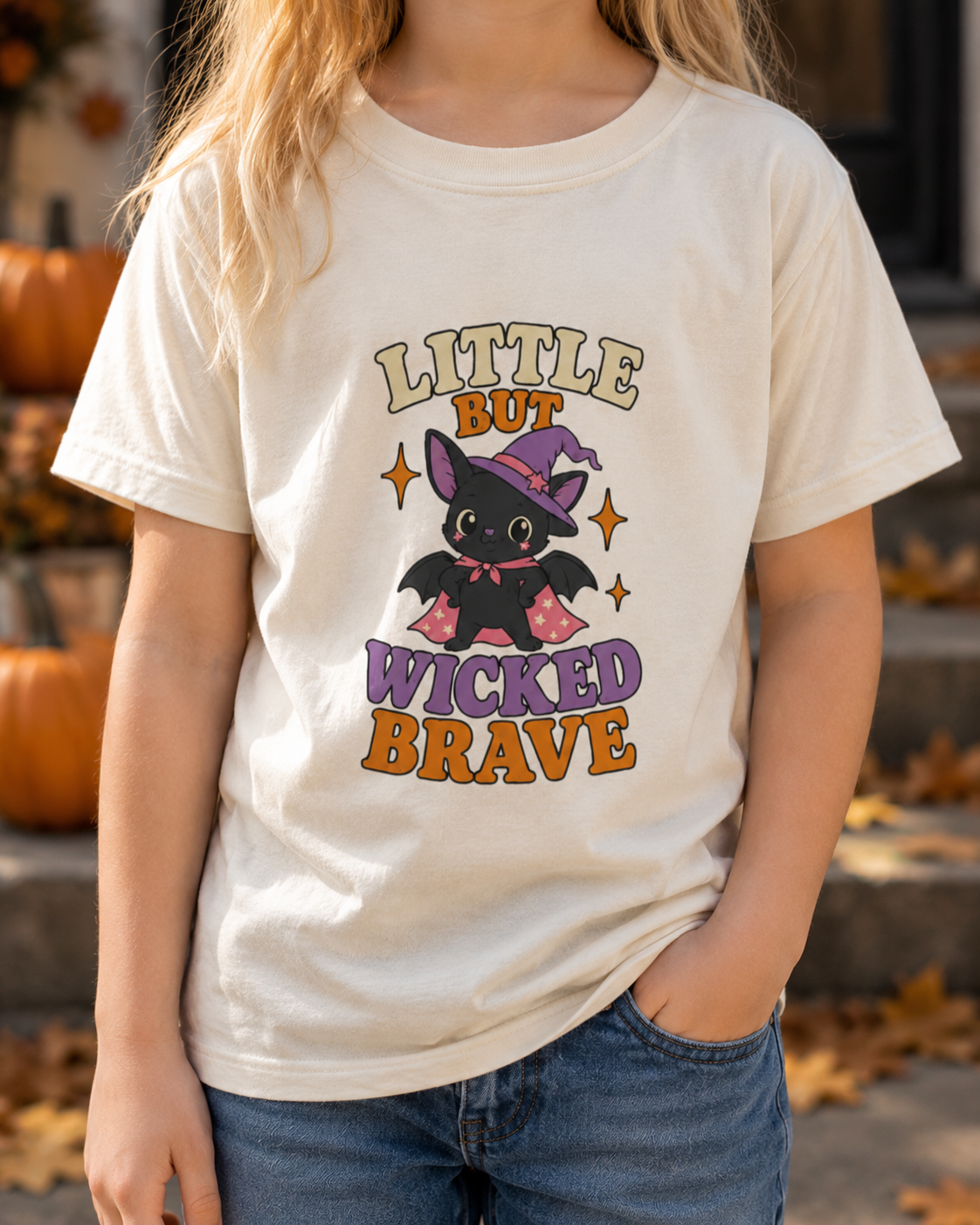 Child wearing a natural toddler T-shirt featuring a black bat in a purple witch hat and cape, colorful stars, and the phrase “Little but Wicked Brave.”