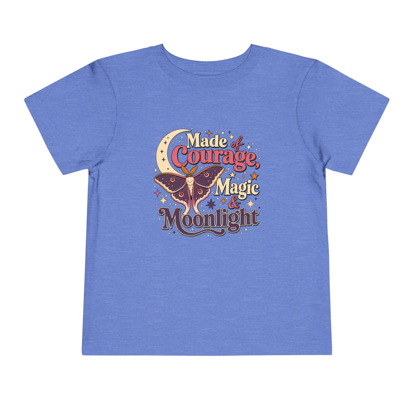 Heather Columbia blue toddler T-shirt featuring a colorful luna moth, crescent moon, sparkling stars, and the phrase “Made of Courage, Magic & Moonlight.”