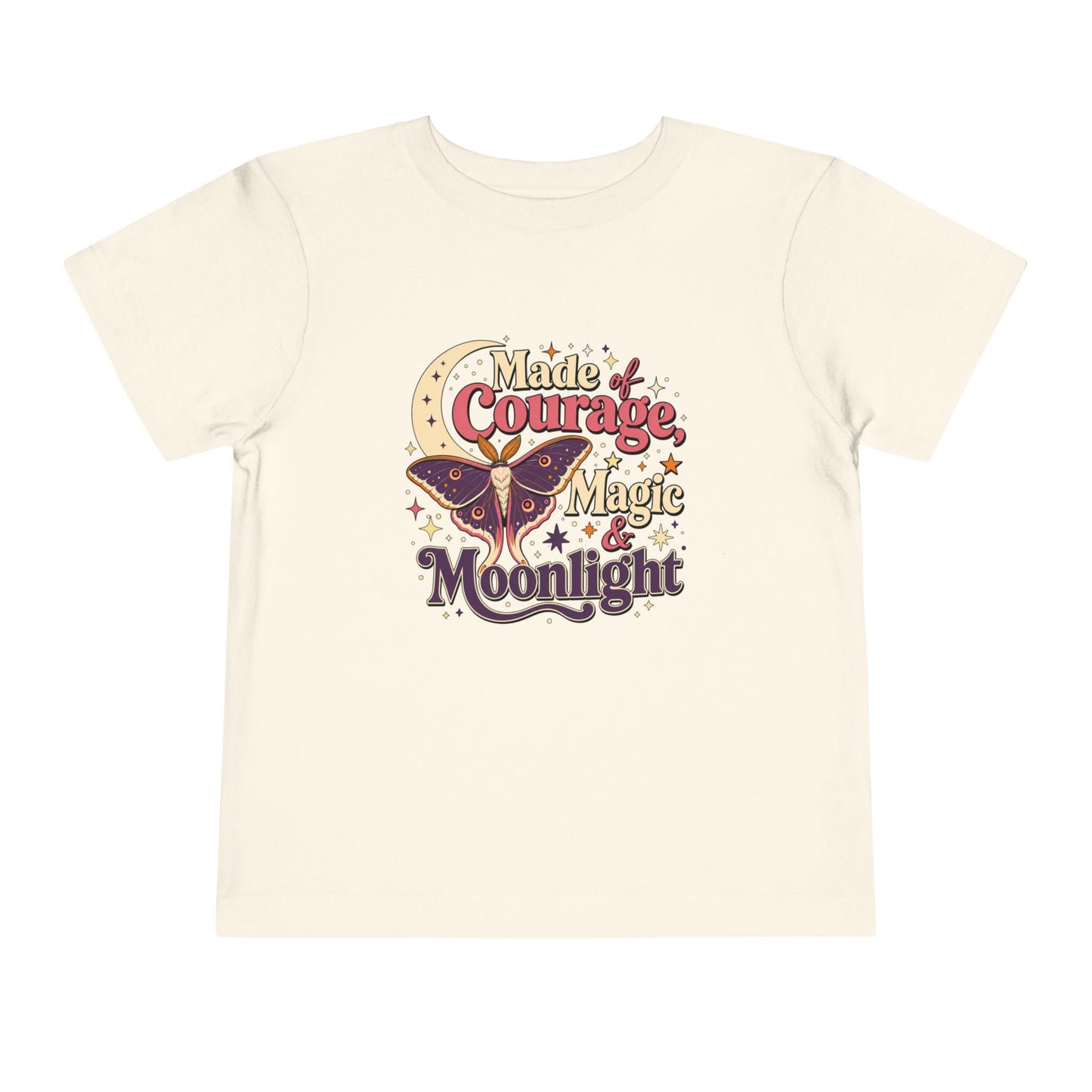 Natural toddler T-shirt featuring a whimsical luna moth, golden crescent moon, colorful stars, and the phrase “Made of Courage, Magic & Moonlight.”