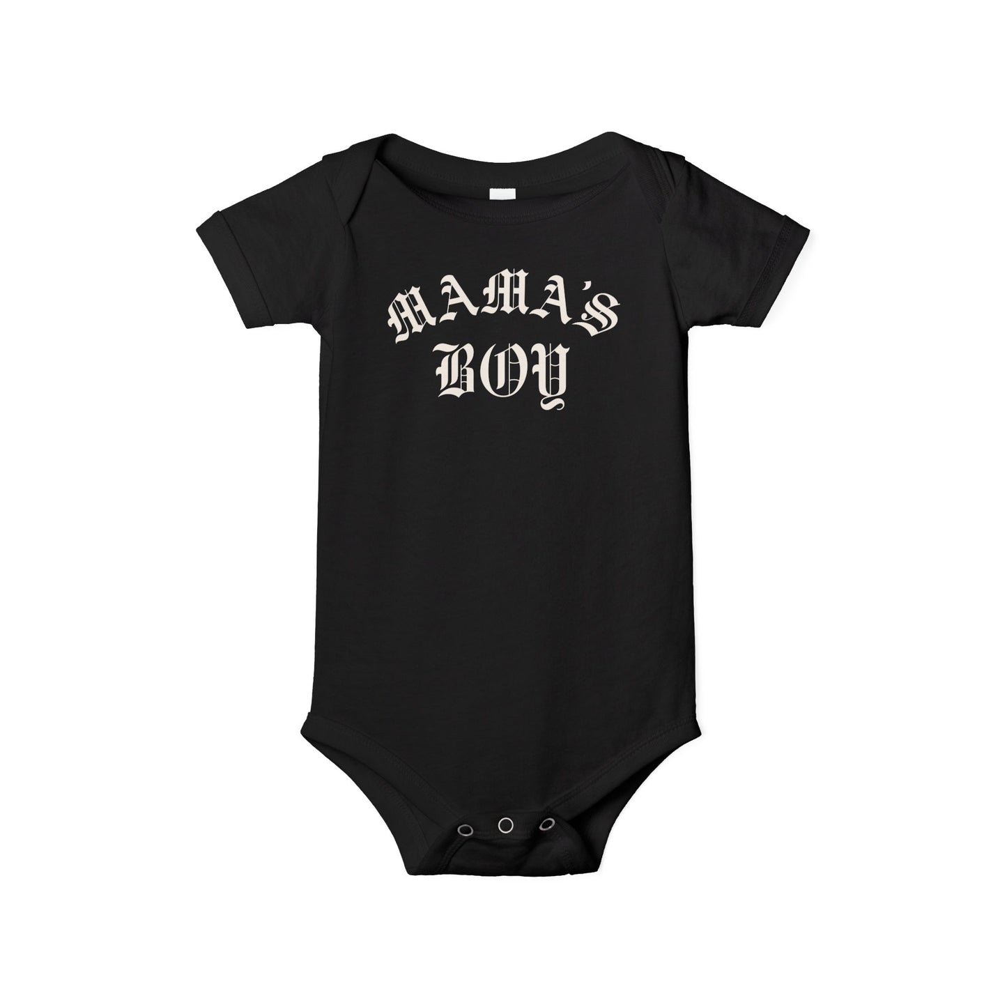 Black Bella + Canvas 100B infant one piece featuring a white “Mama’s Boy” gothic-style graphic for trendy baby outfits, edgy streetwear-inspired baby fashion, and unique baby shower gifts.
