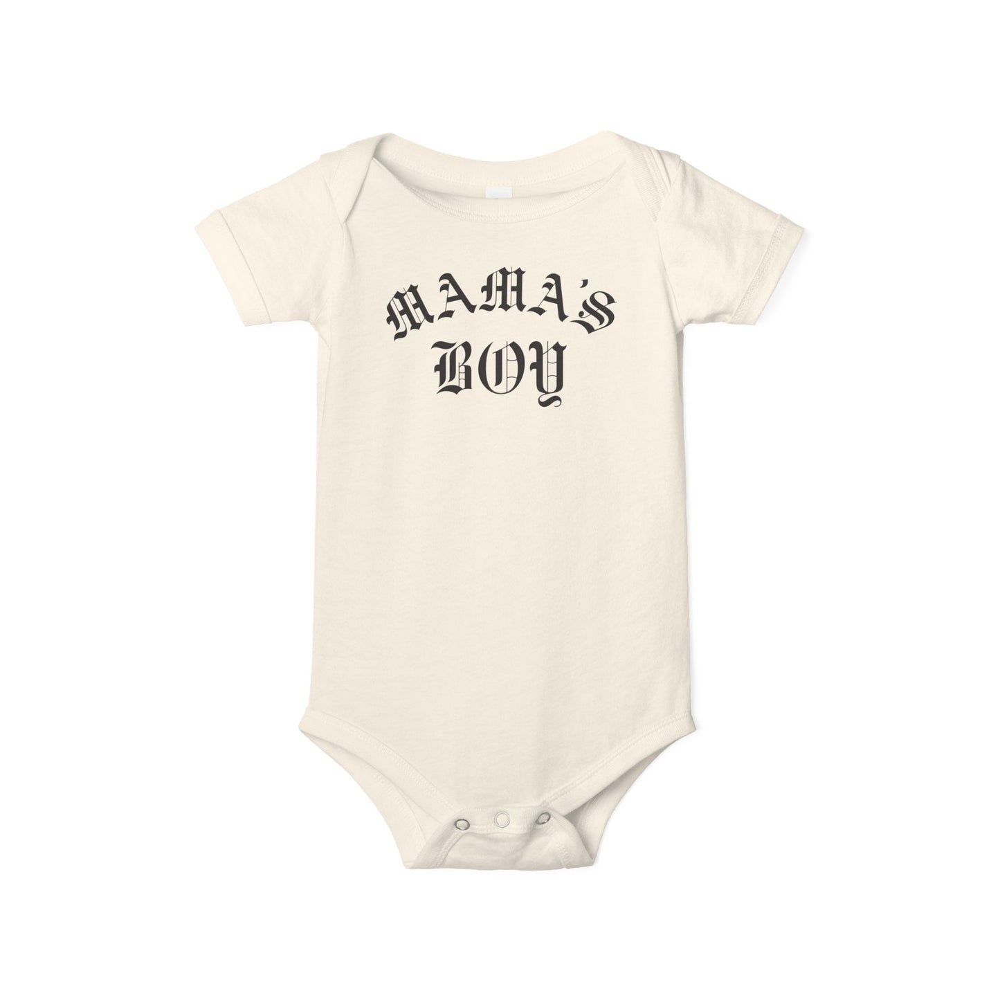 Natural Bella + Canvas 100B infant one piece featuring a black “Mama’s Boy” gothic-style graphic for trendy neutral baby outfits, modern streetwear-inspired baby fashion, and baby shower gifts.
