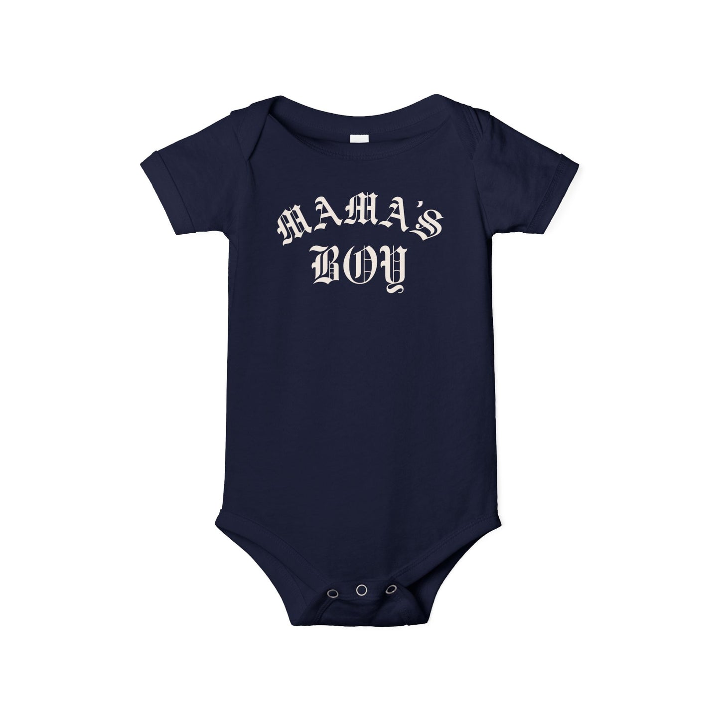 Navy Bella + Canvas 100B infant one piece featuring a white “Mama’s Boy” gothic-style graphic for trendy baby outfits, edgy streetwear-inspired baby fashion, and modern baby shower gifts.