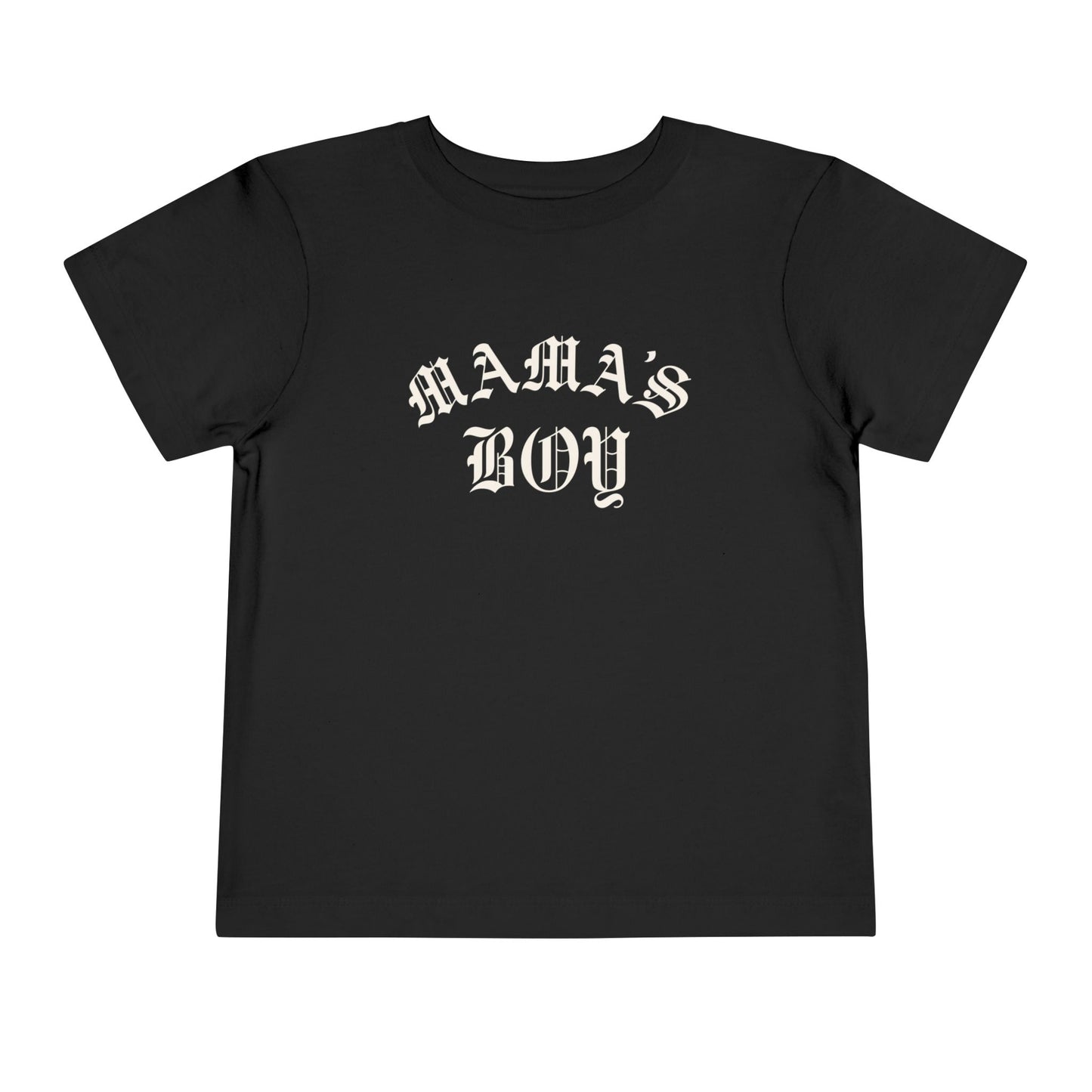 Black Bella + Canvas toddler tee featuring a bold white “Mama’s Boy” gothic-style graphic for trendy everyday kids streetwear and matching family outfits.