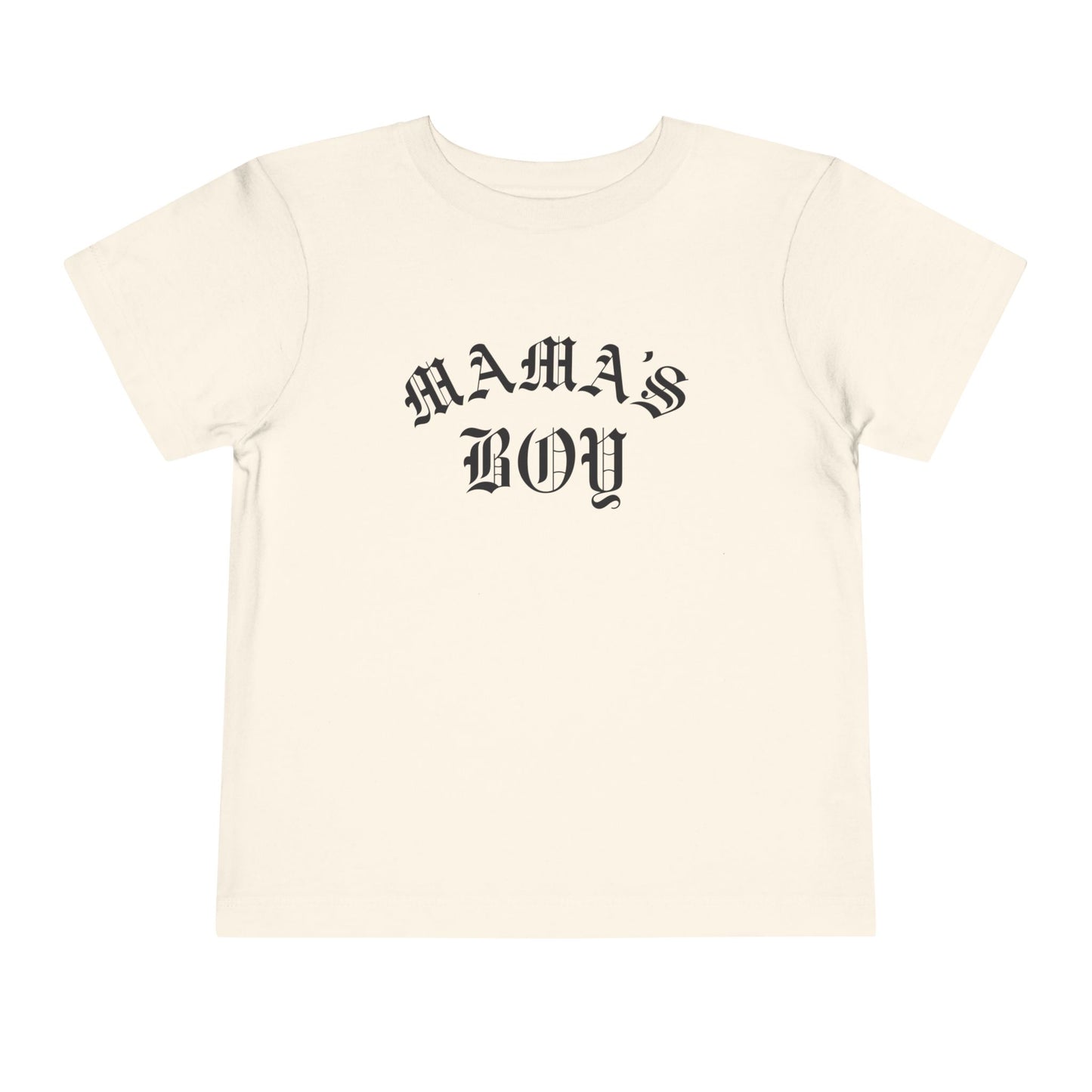 Natural Bella + Canvas toddler tee featuring a bold black “Mama’s Boy” gothic-style graphic for trendy everyday kids streetwear and matching family outfits.