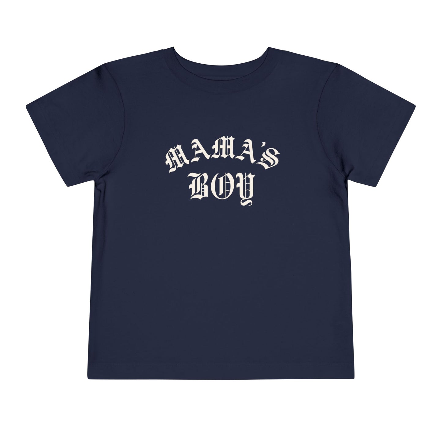 Navy Bella + Canvas toddler tee featuring a bold white “Mama’s Boy” gothic-style graphic for trendy everyday kids streetwear and matching family outfits.