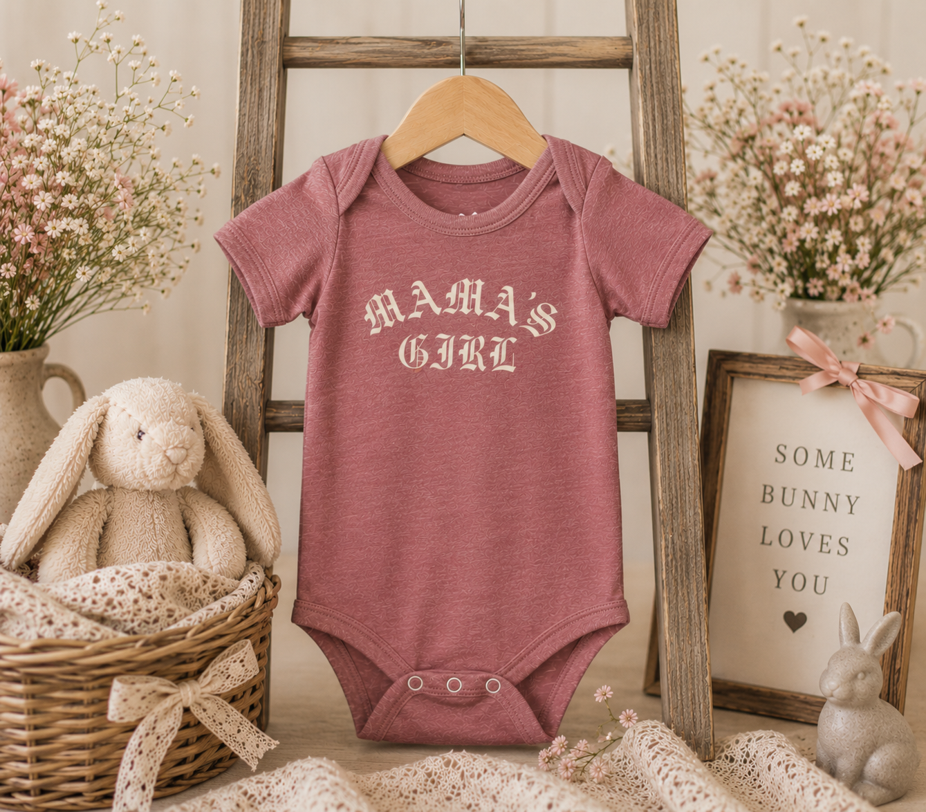 Heather mauve Bella + Canvas 100B infant one piece featuring a white “Mama’s Girl” gothic-style graphic displayed in a soft neutral nursery setting with bunny decor, floral accents, and vintage-inspired baby girl styling.