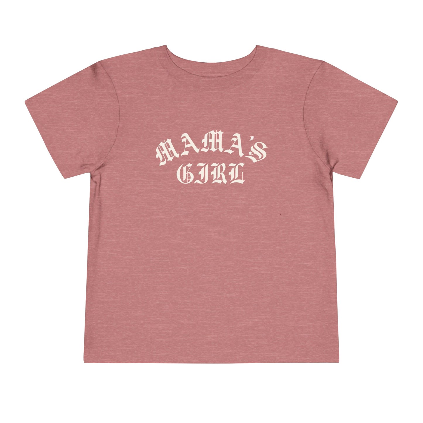 Heather mauve Bella + Canvas toddler tee featuring a cream “Mama’s Girl” gothic-style graphic for trendy toddler outfits, neutral girl fashion, and modern mommy-and-me matching apparel.
