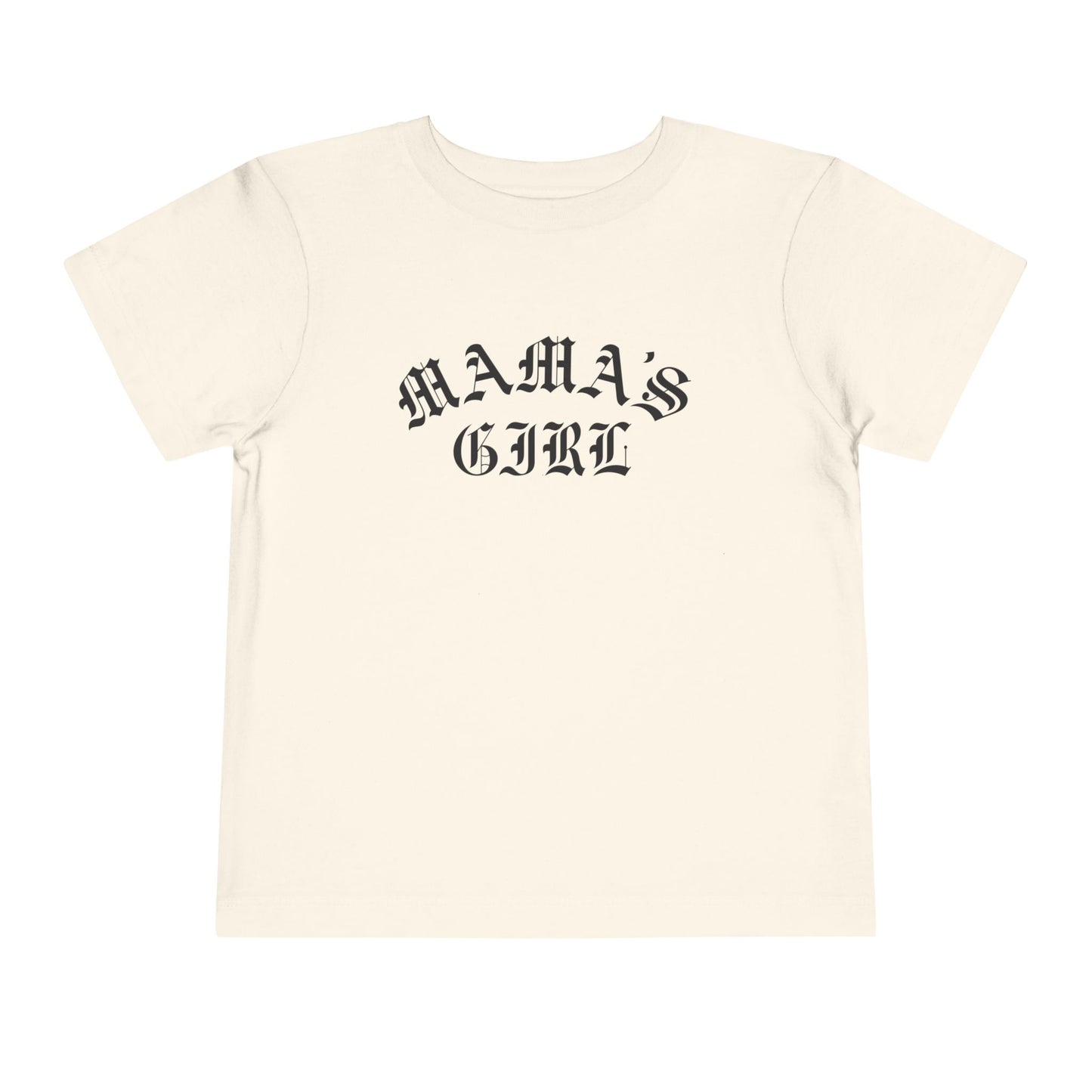 Natural Bella + Canvas toddler tee featuring a black “Mama’s Girl” gothic-style graphic for trendy toddler outfits, neutral boutique fashion, and matching mommy-and-me apparel.