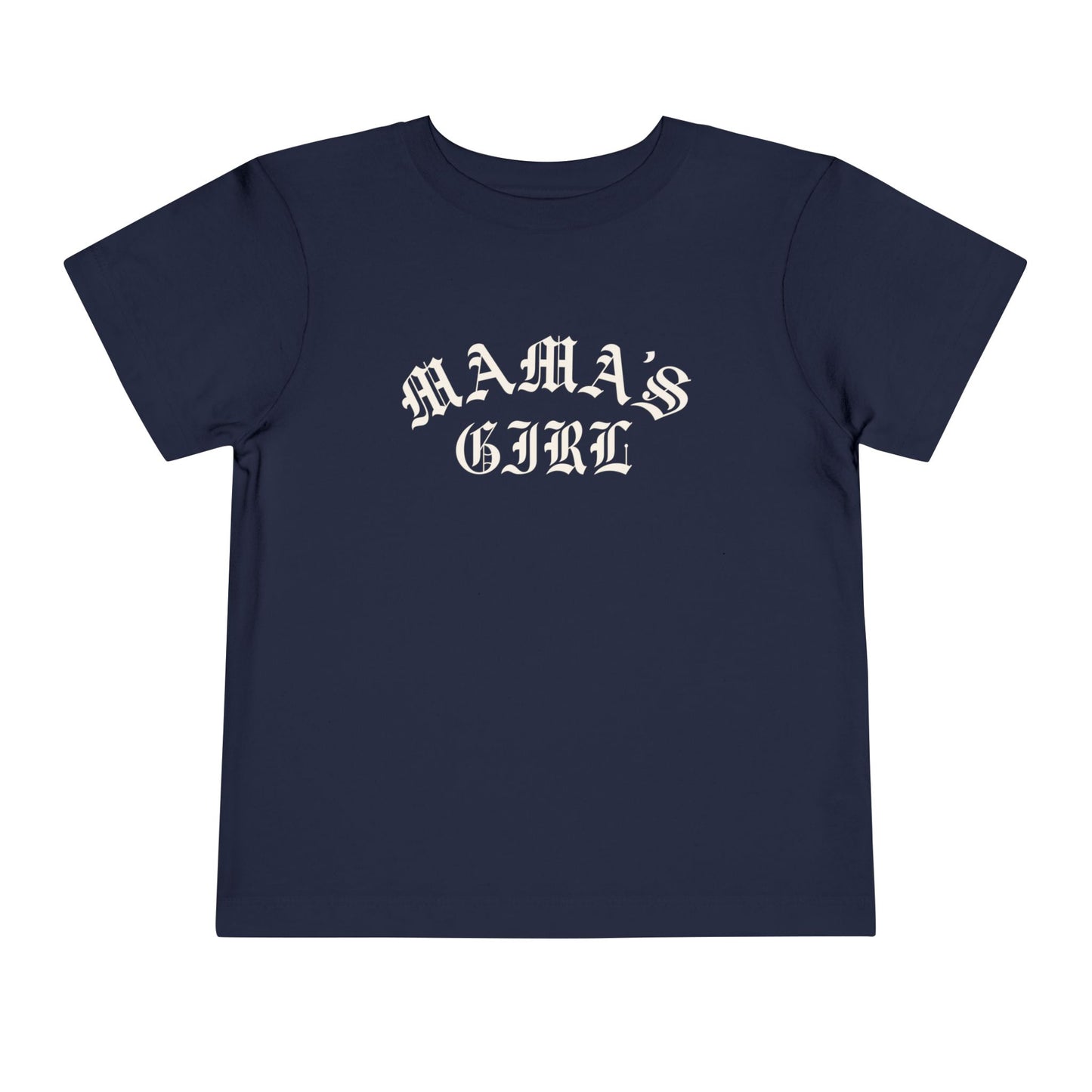 Navy Bella + Canvas toddler tee featuring a cream “Mama’s Girl” gothic-style graphic for trendy toddler outfits, neutral girl fashion, and matching mommy-and-me apparel.