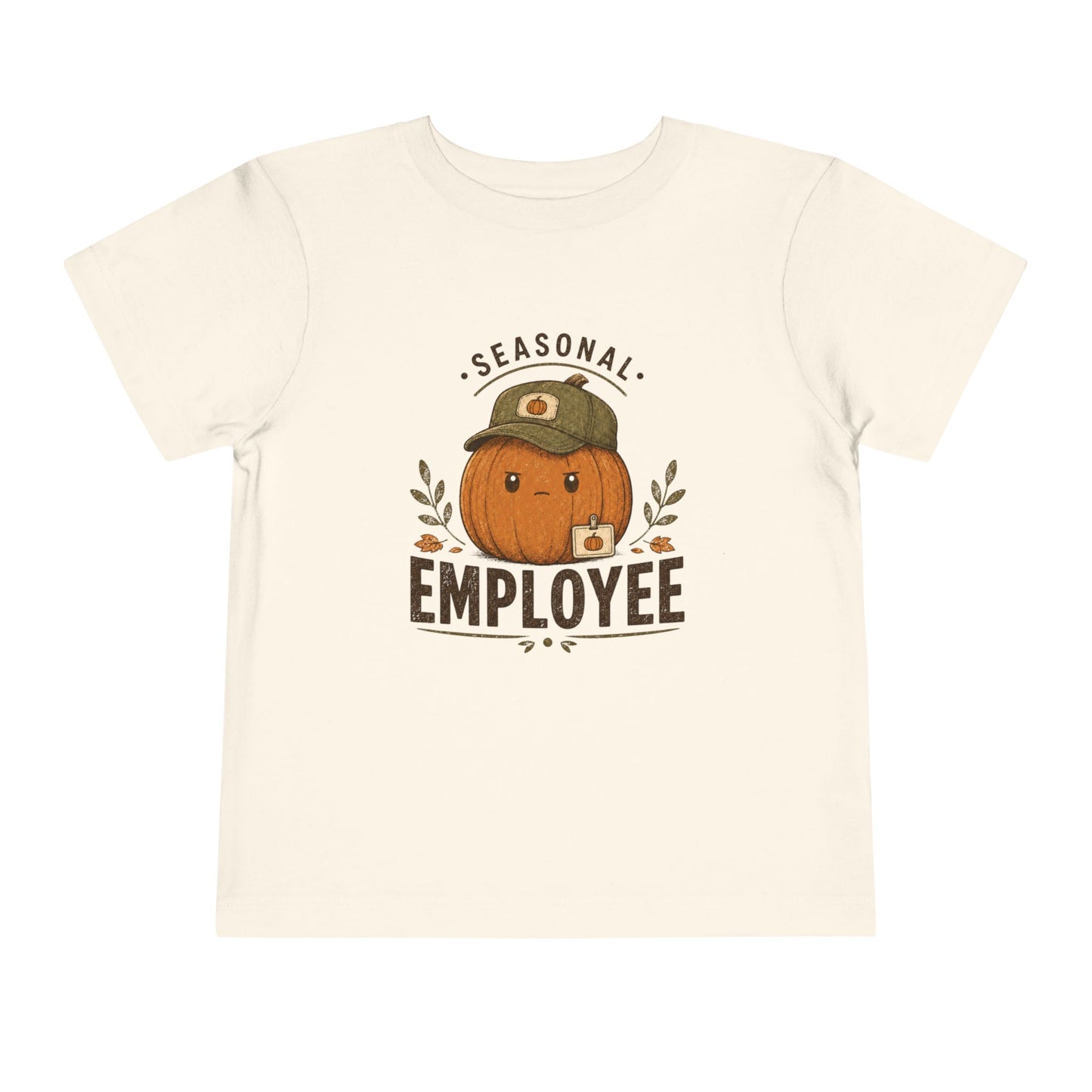 Natural Bella + Canvas 3001Y youth t-shirt featuring a grumpy pumpkin wearing a baseball cap with the phrase "Seasonal Employee." Cute fall graphic tee for kids, perfect for pumpkin patch visits, autumn festivals, Halloween, school, and seasonal family photos.