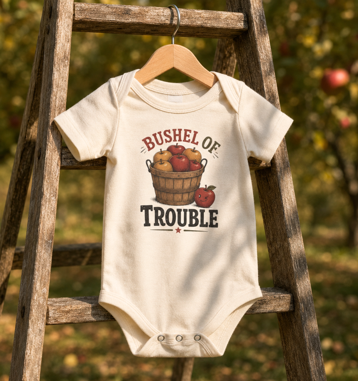 Natural baby one piece featuring a vintage apple basket design with the playful phrase “Bushel of Trouble,” hanging on a rustic wooden ladder.